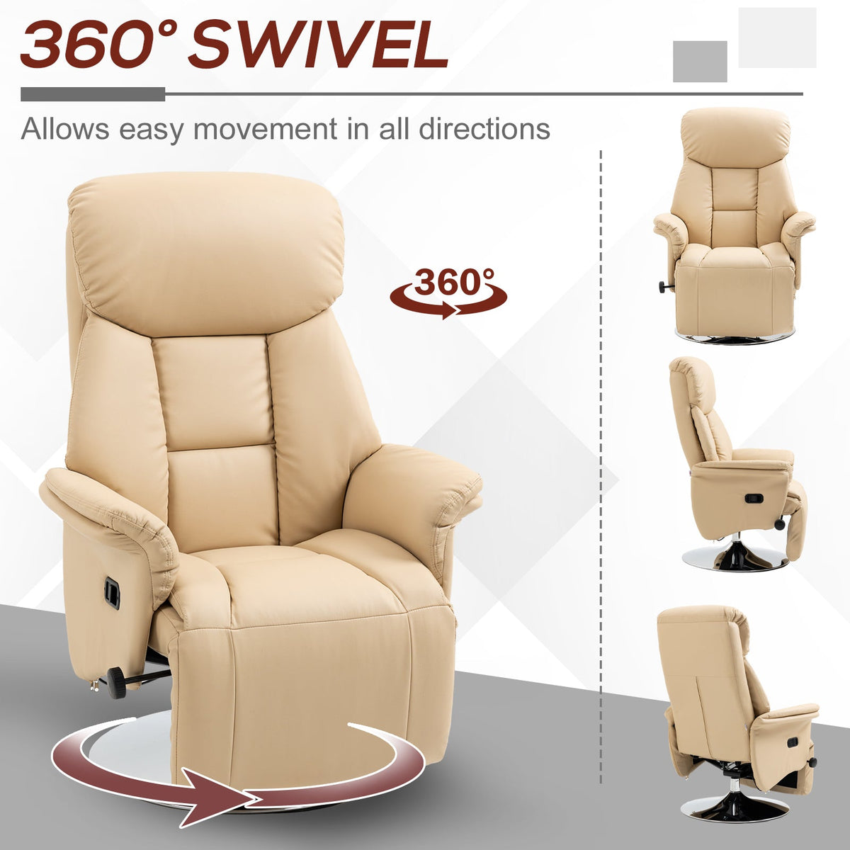 Manual Recliner Chair for Adults, Adjustable Swivel Recliner with Footrest, Padded Arms, PU Leather Upholstery and Steel Base for Living Room, Beige