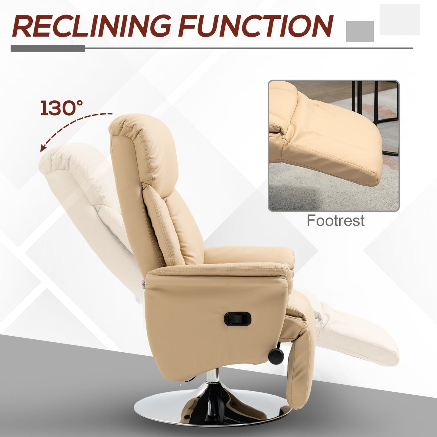 Manual Recliner Chair for Adults, Adjustable Swivel Recliner with Footrest, Padded Arms, PU Leather Upholstery and Steel Base for Living Room, Beige