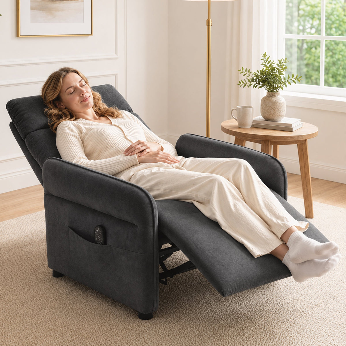 Recliner Armchair, Push Back Recliner Chair with Massage & Heat, Adjustable Armrests, Terry Cloth Manual Reclining Single Sofa with Footrest, Dual Side Pockets for Home Living Room, Dark Grey