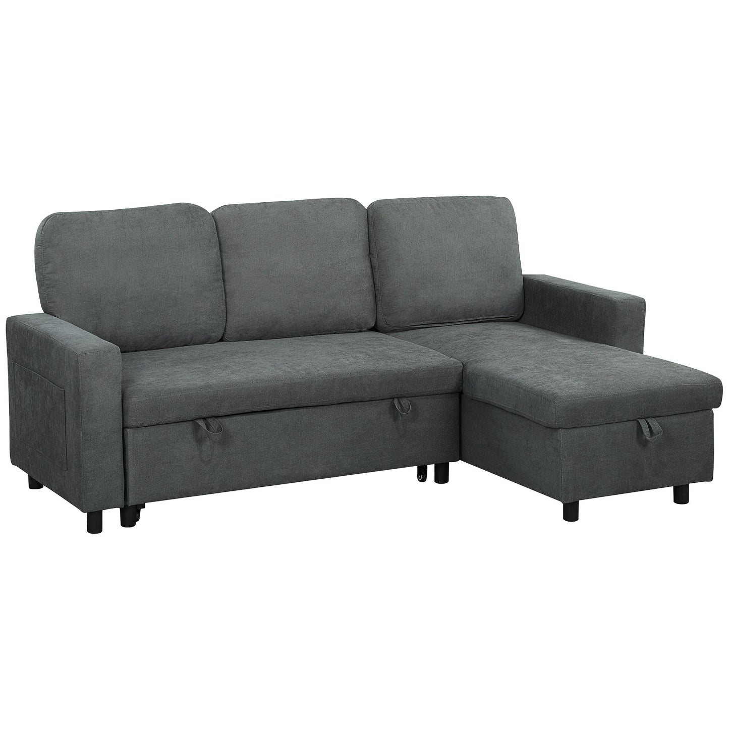 HOMCOM Sofa Bed with Storage, Convertible L Shaped Corner Sofa, 3 Seater Pull Out Sofa Bed with Reversible Chaise, Side Pockets for Living Room, Bedroom, Small Spaces, Charcoal Grey