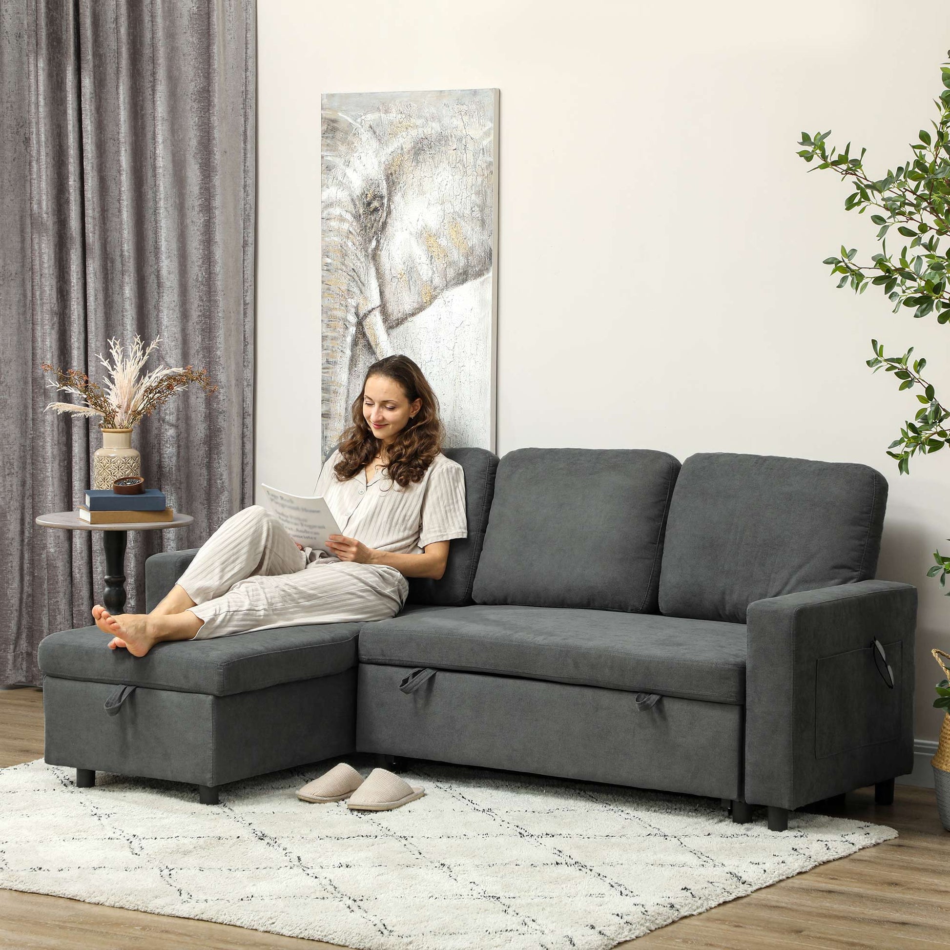 HOMCOM Sofa Bed with Storage, Convertible L Shaped Corner Sofa, 3 Seater Pull Out Sofa Bed with Reversible Chaise, Side Pockets for Living Room, Bedroom, Small Spaces, Charcoal Grey