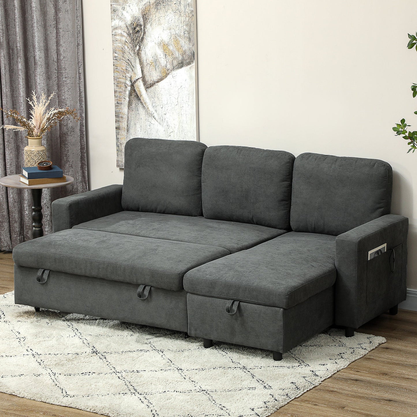 HOMCOM Sofa Bed with Storage, Convertible L Shaped Corner Sofa, 3 Seater Pull Out Sofa Bed with Reversible Chaise, Side Pockets for Living Room, Bedroom, Small Spaces, Charcoal Grey