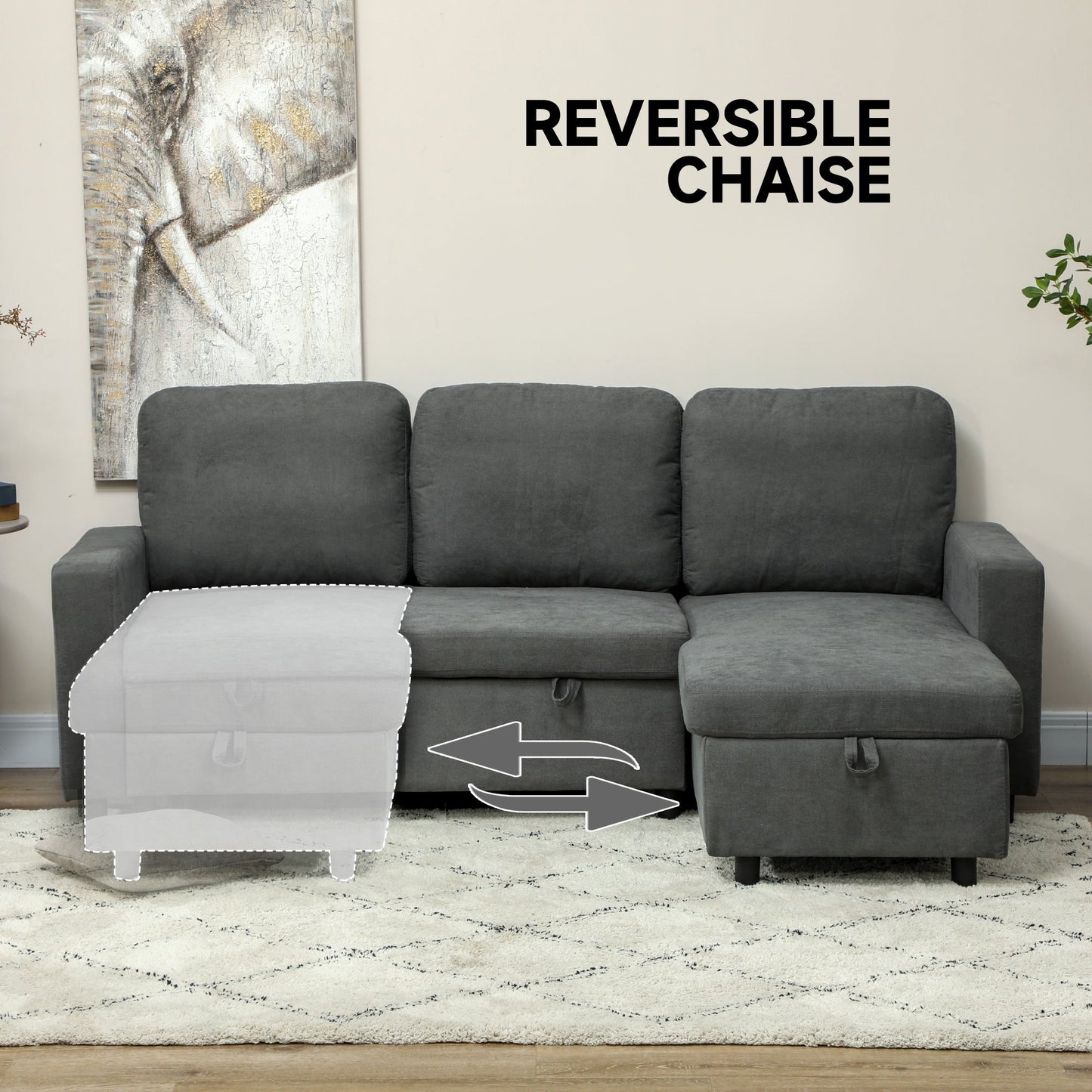 HOMCOM Sofa Bed with Storage, Convertible L Shaped Corner Sofa, 3 Seater Pull Out Sofa Bed with Reversible Chaise, Side Pockets for Living Room, Bedroom, Small Spaces, Charcoal Grey