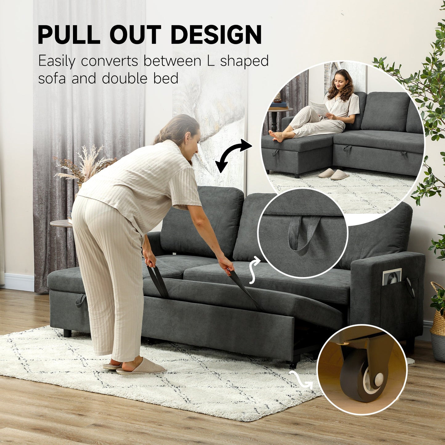 HOMCOM Sofa Bed with Storage, Convertible L Shaped Corner Sofa, 3 Seater Pull Out Sofa Bed with Reversible Chaise, Side Pockets for Living Room, Bedroom, Small Spaces, Charcoal Grey