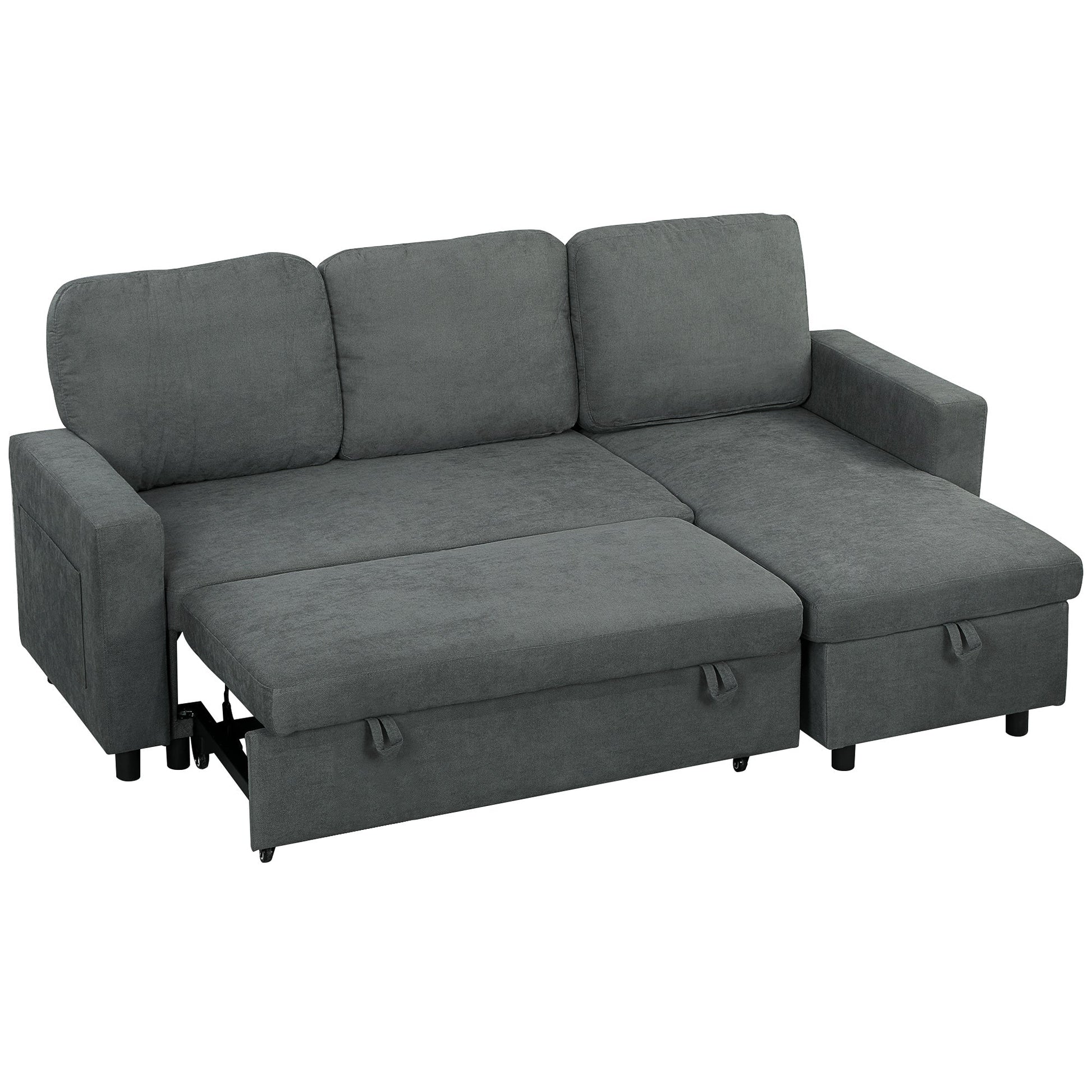 HOMCOM Sofa Bed with Storage, Convertible L Shaped Corner Sofa, 3 Seater Pull Out Sofa Bed with Reversible Chaise, Side Pockets for Living Room, Bedroom, Small Spaces, Charcoal Grey