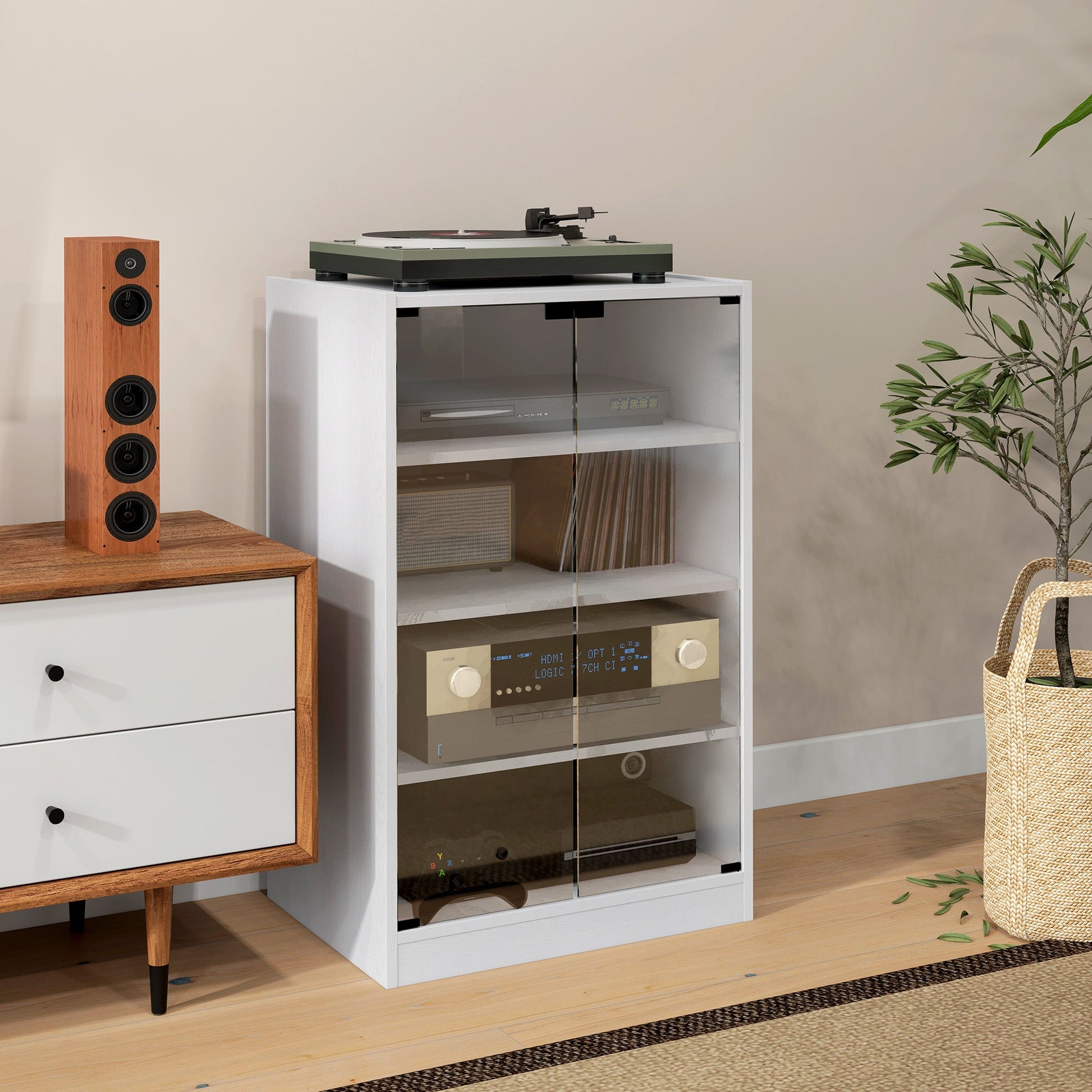 Record Player Stand with Storage, 4-Tier Hi-Fi Stand, Media Cabinet with Adjustable Shelves, Push-to-Open Glass Doors and Cable Management for Music Room and Living Room, White Wood-Effect