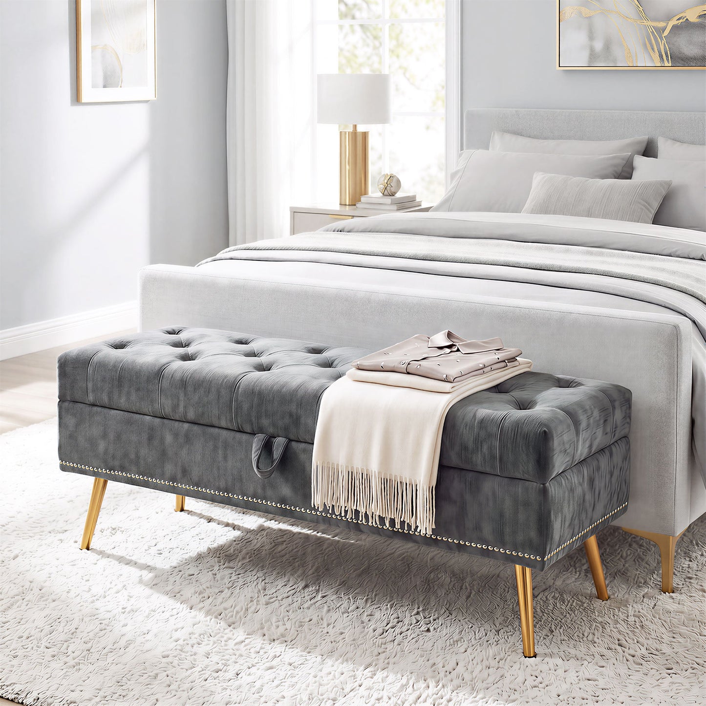 Storage Ottoman, Chenille Upholstered Ottoman Storage Box with Padded Seat, End of Bed Bench with Metal Legs for Bedroom, Hallway, Living Room, 114 x 41 x 45 cm, Grey