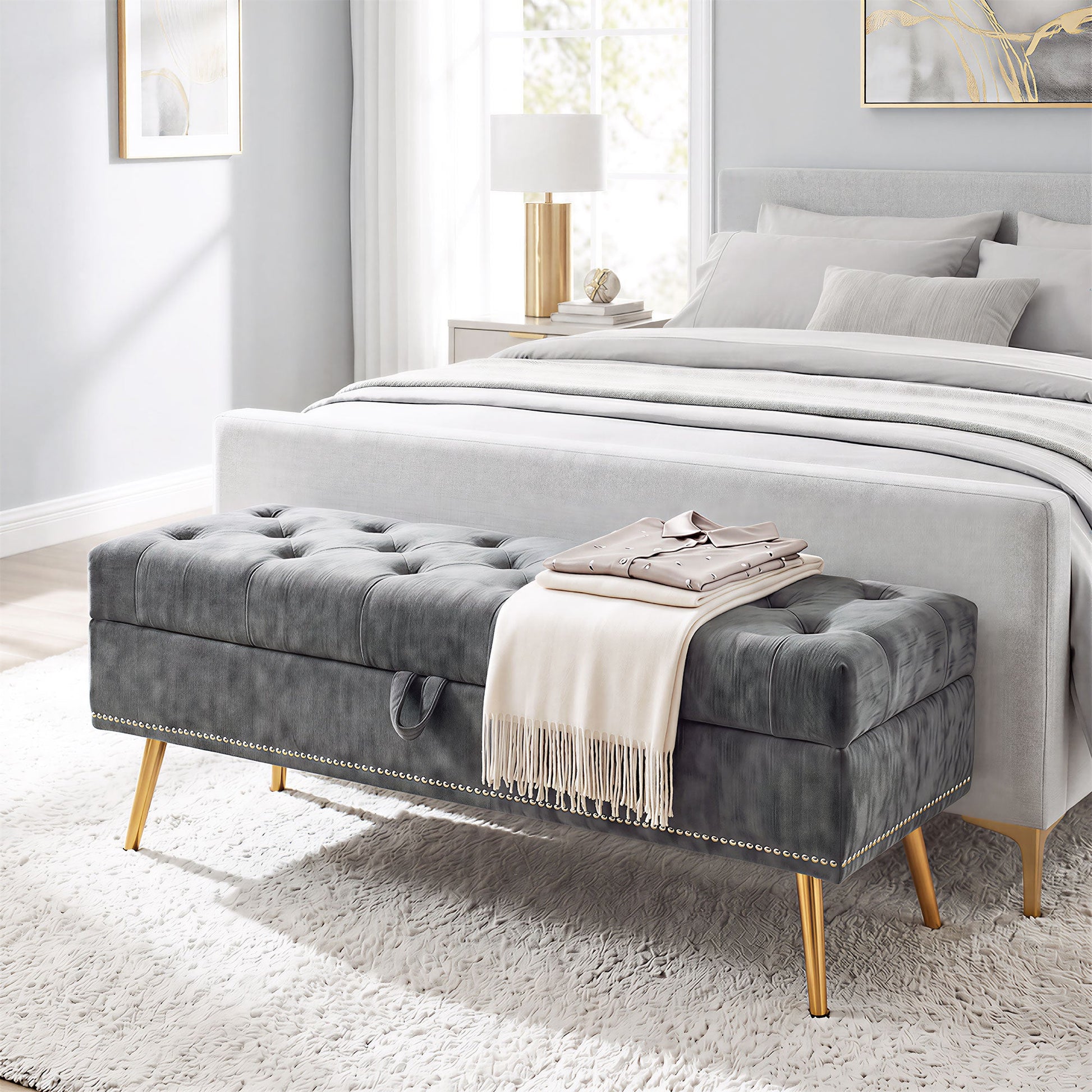 Storage Ottoman, Chenille Upholstered Ottoman Storage Box with Padded Seat, End of Bed Bench with Metal Legs for Bedroom, Hallway, Living Room, 114 x 41 x 45 cm, Grey