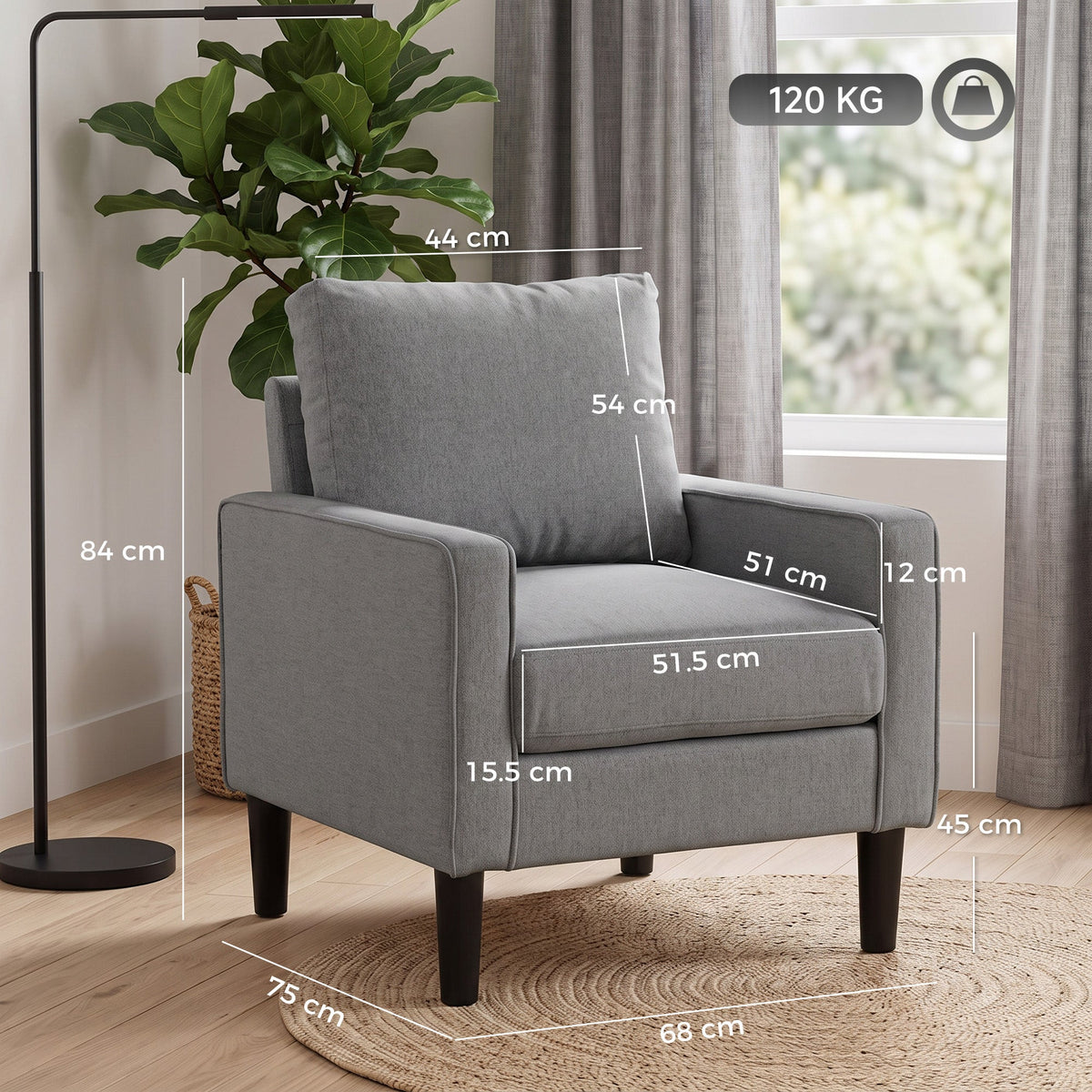 Armchair, Removable Pillow Linen Accent Chair, Comfy Spring Cushion Reading Lounge for Living Room, Bedroom, Study, Dark Grey