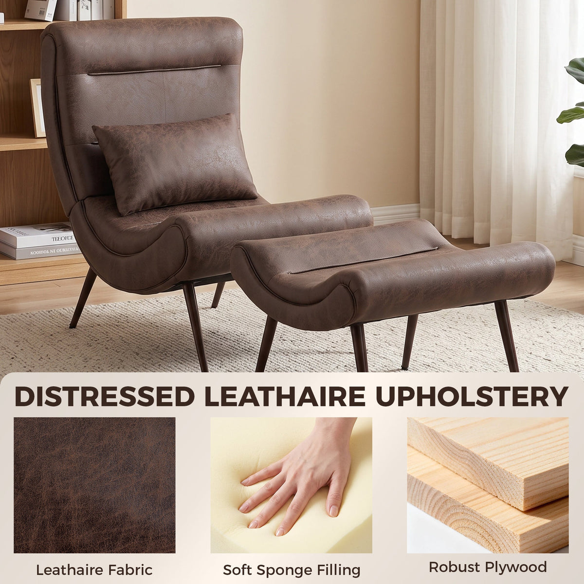 Modern Accent Chair with Footstool, Upholstered Lounge Chair with 64cm Wide Seat, Lumbar Pillow, Trapezoidal Backrest, Wood-Effect Steel Legs, Reading Seat for Living Room, Study, Dark Brown