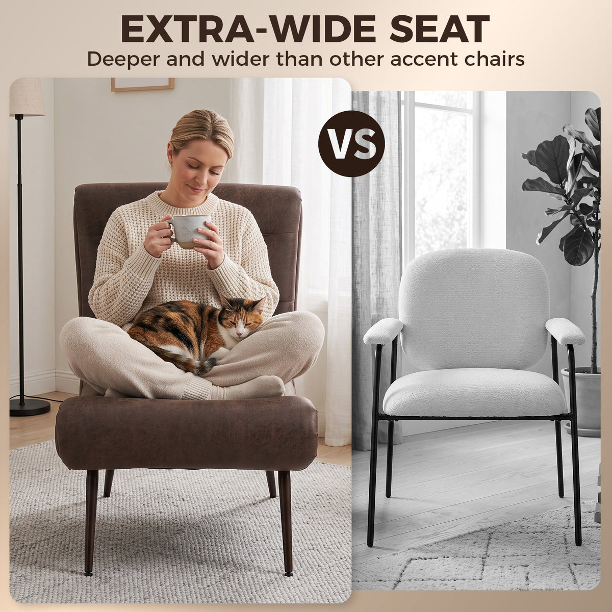 Modern Accent Chair with Footstool, Upholstered Lounge Chair with 64cm Wide Seat, Lumbar Pillow, Trapezoidal Backrest, Wood-Effect Steel Legs, Reading Seat for Living Room, Study, Dark Brown