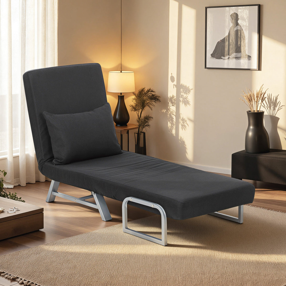 Single Sofa Bed, 3-in-1 Convertible Folding Chair Bed with Adjustable Backrest, Removable Armrests, Steel Legs, Linen Sleeper Chair for Living Room, Bedroom, Small Space, Black