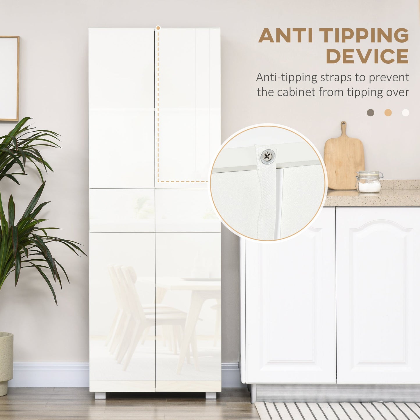 4-Door Kitchen Cupboard, Tall Freestanding 5-Tier Storage Cabinet with 3 Adjustable Shelves, 2 Drawers for Living Room, Dining Room, Push to Open Design, High Gloss White