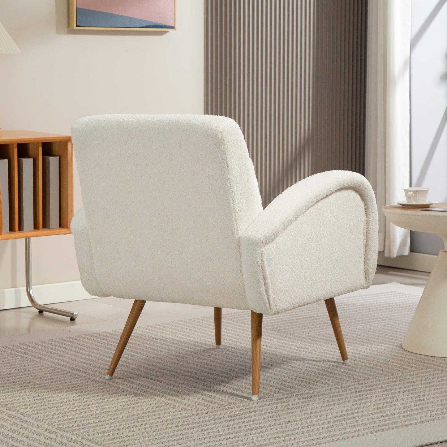 Modern Accent Chair, Teddy Fleece Upholstered Armchair with Lumbar Pillow, Metal Legs, Reading Lounge Chair for Living Room, Bedroom, Cream White