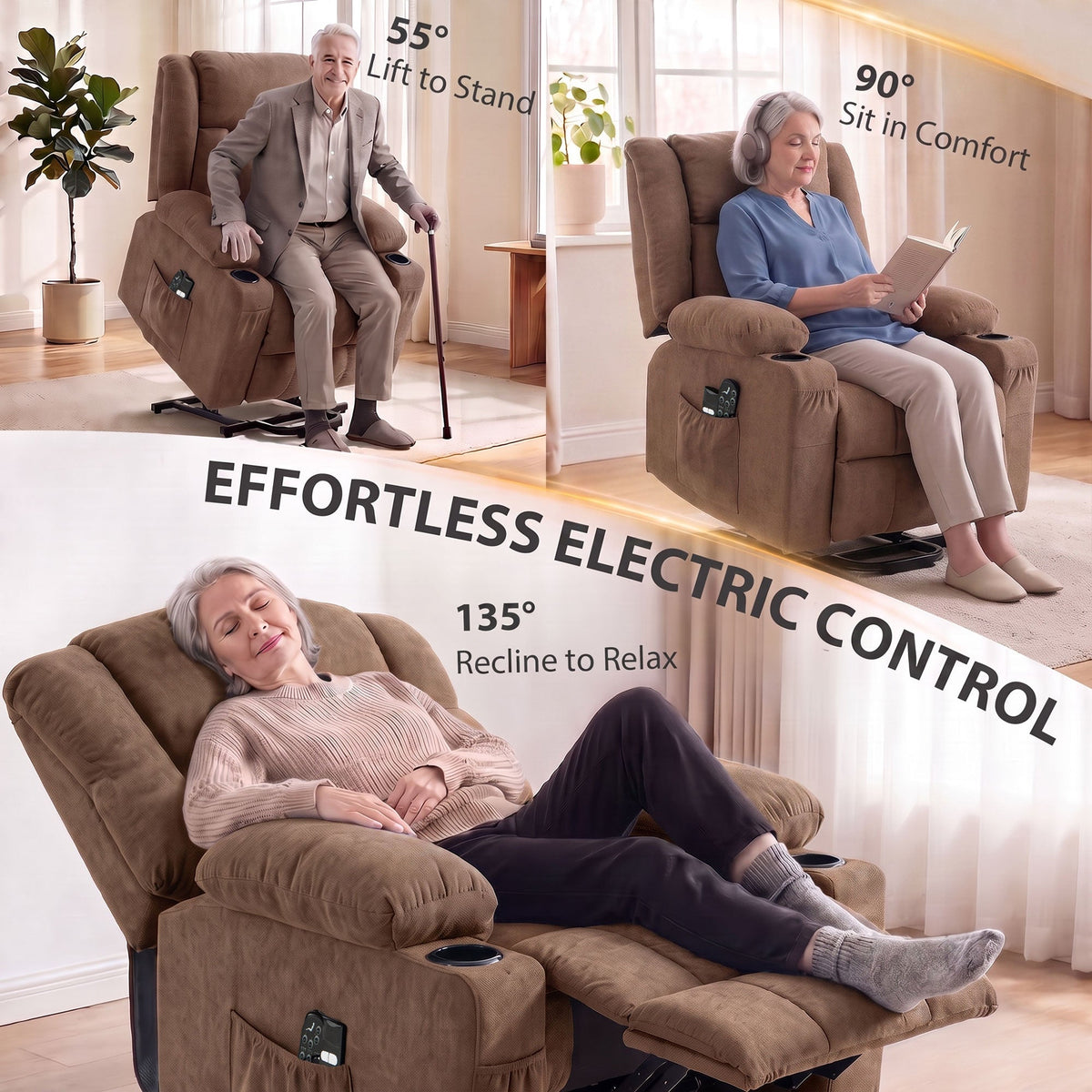 Dual Motor Recliner Chair Lift Chair for Elderly, 55° Electric Riser Recliner Armchair with Massage and Heat, Terry Cloth Power Reclining Lounge Sofa, 2 Cup Holders, Side Pockets, Brown