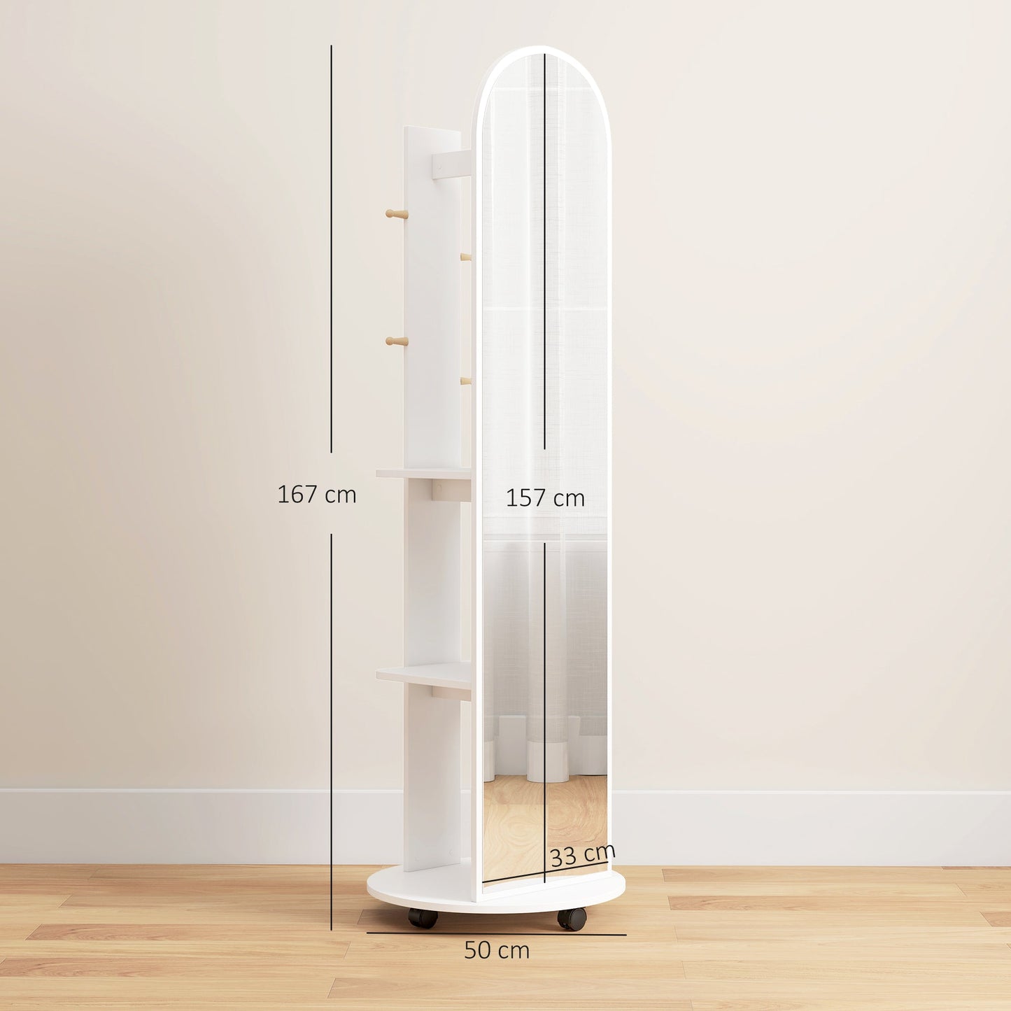 2-in-1 Full Length Mirror with Storage Shelves, Floor Mirror with 4 Universal Wheels, Coat Rack, 4 Hooks, Space-Saving Freestanding Organiser for Bedroom, Living Room, White
