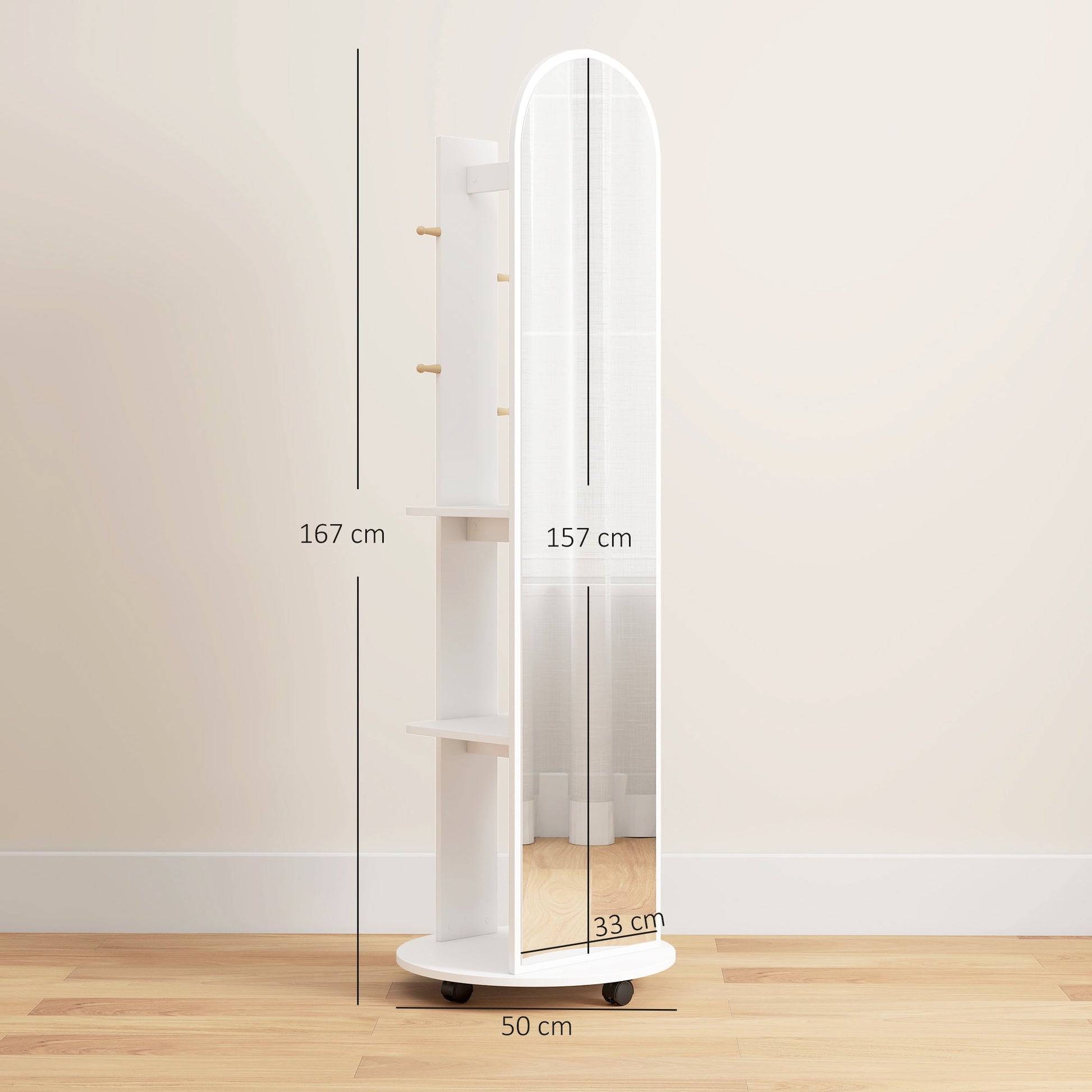 2-in-1 Full Length Mirror with Storage Shelves, Floor Mirror with 4 Universal Wheels, Coat Rack, 4 Hooks, Space-Saving Freestanding Organiser for Bedroom, Living Room, White