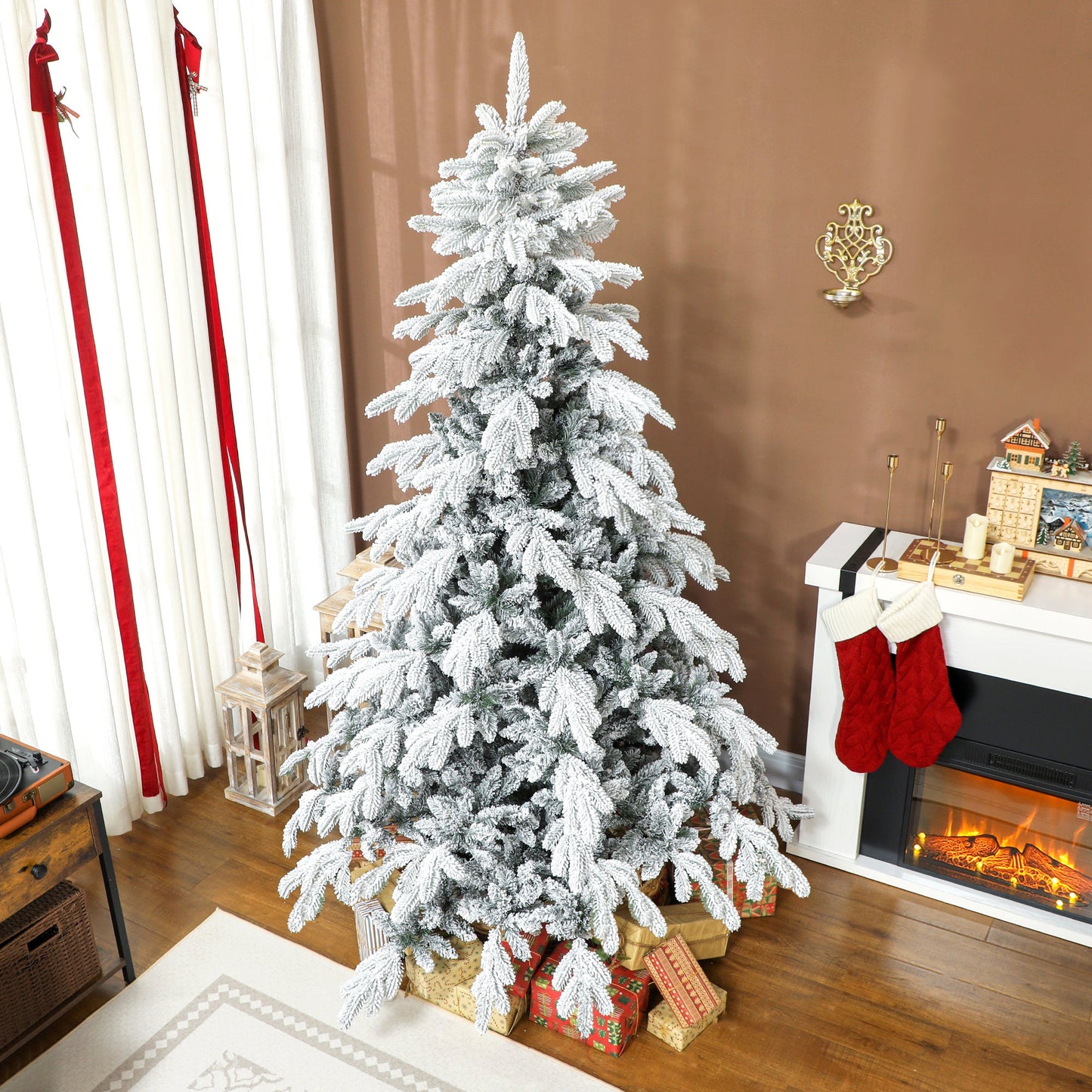 7ft Artificial Christmas Tree, Snow Flocked Christmas Tree with Realistic Dense Branches, Hinged Design, Metal Stand, Wide Shape, Easy Assembly, Xmas Home Decoration, Green White
