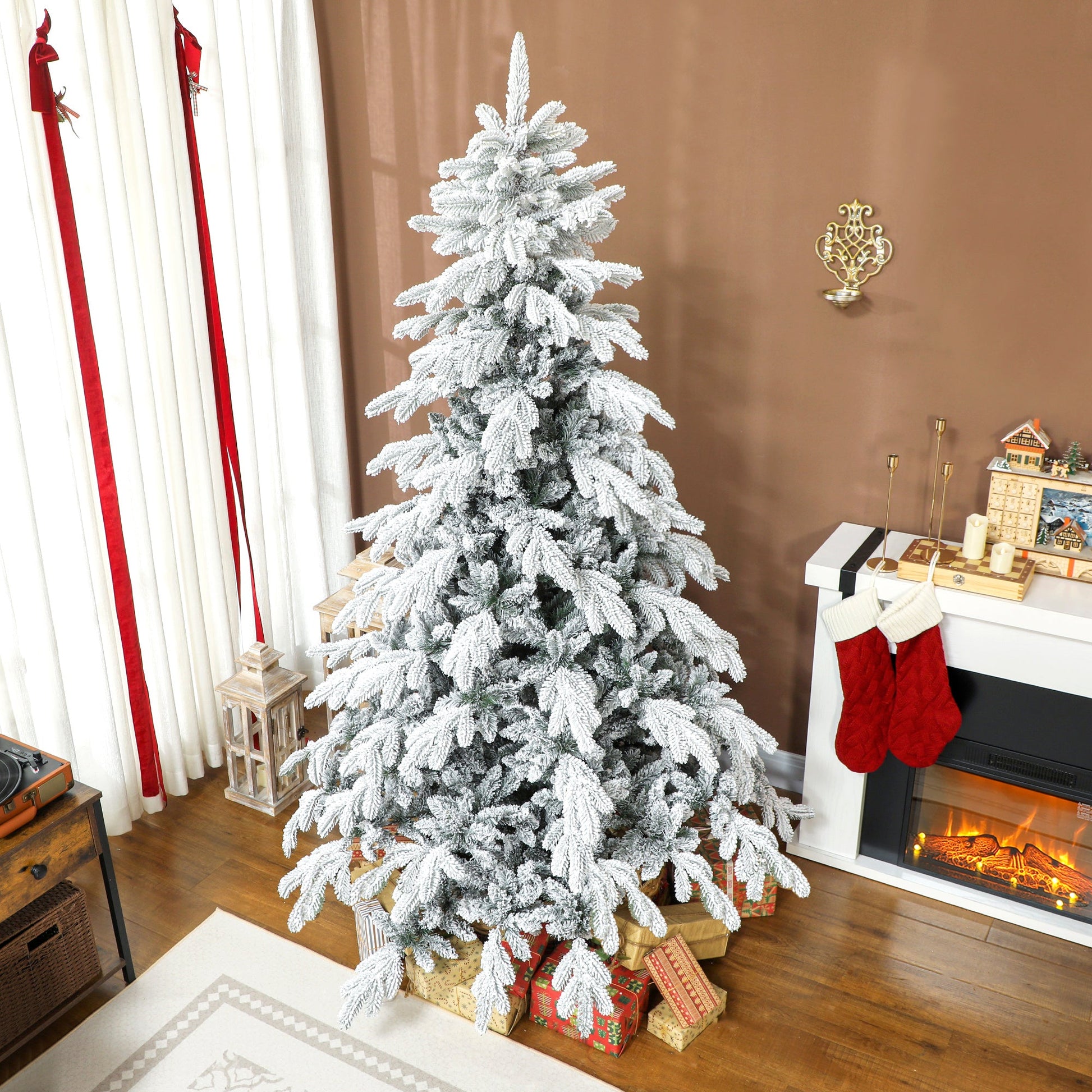 7ft Artificial Christmas Tree, Snow Flocked Christmas Tree with Realistic Dense Branches, Hinged Design, Metal Stand, Wide Shape, Easy Assembly, Xmas Home Decoration, Green White