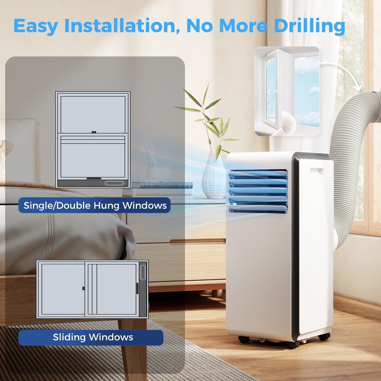 Portable Air Conditioner 9000 BTU, 4-in-1 Air Conditioning Unit with Cooling, Dehumidifier, Fan, Sleep Mode, Remote Control, 24H Timer, 2 Speeds, Child Lock, Window Kit, for Room up to 28 m²