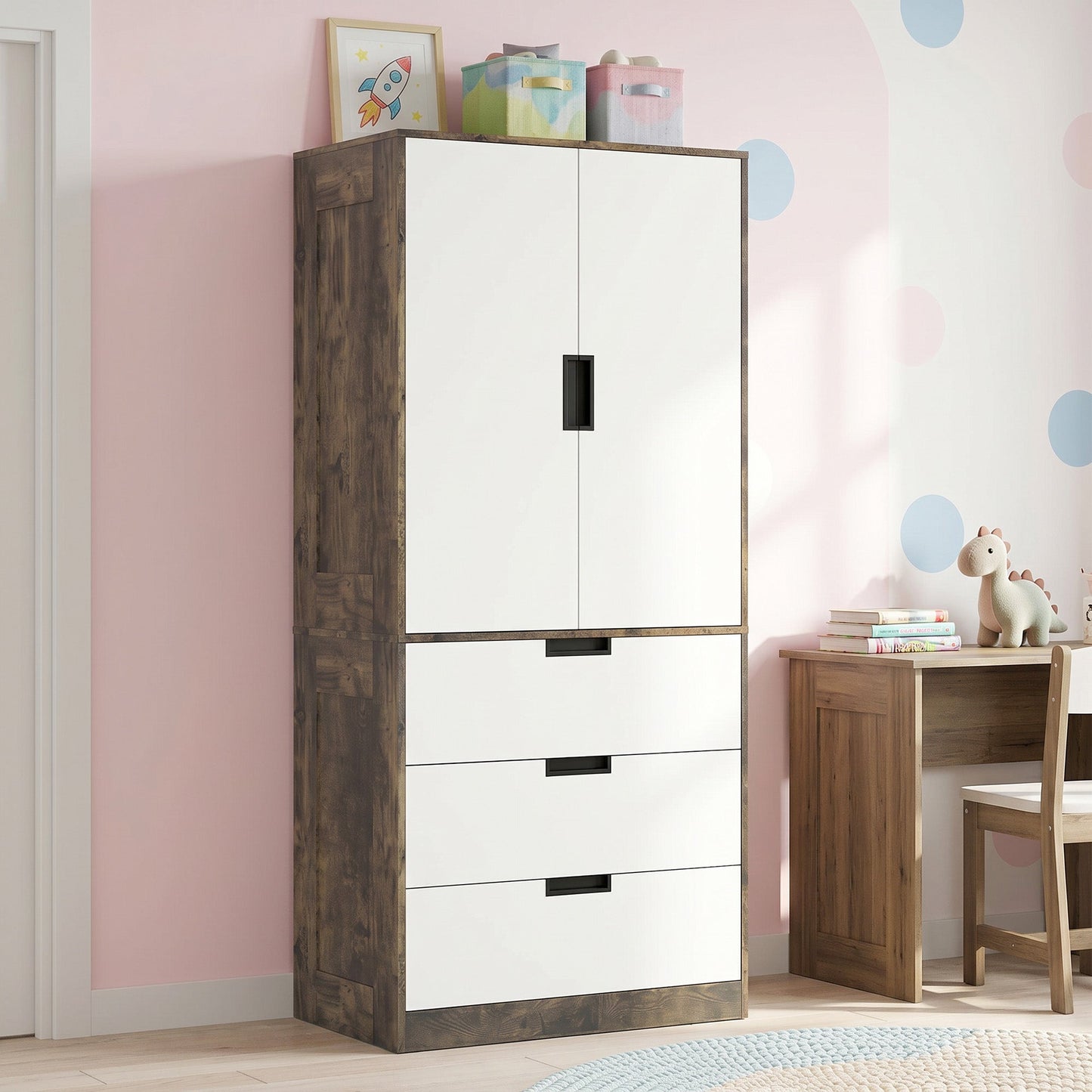 2 Door Wardrobe with 3 Drawers & Hanging Rail, Modern Clothes Storage Cupboard Unit, Bedroom Wardrobe with Soft Closing Hinge, 50D x 80W x 180Hcm, Rustic Brown