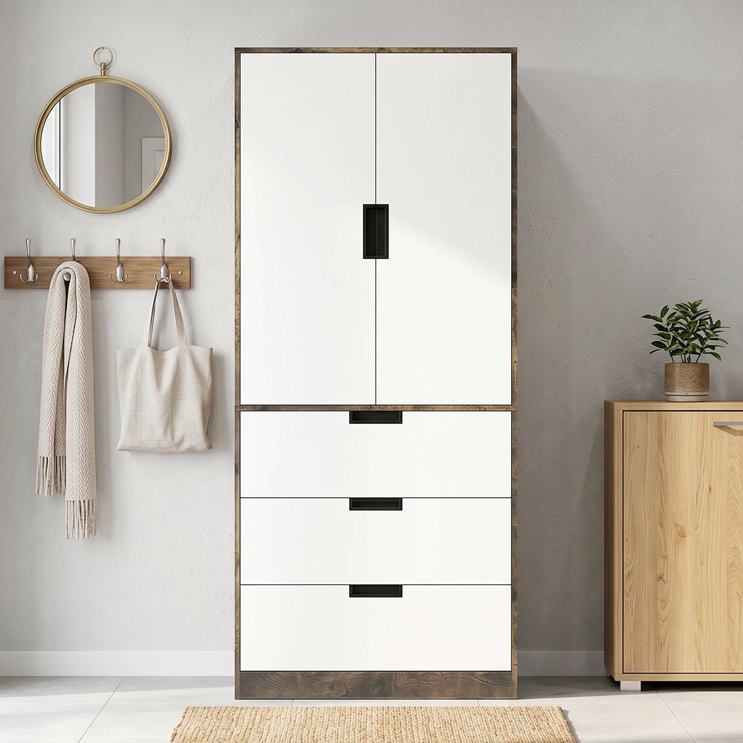 2 Door Wardrobe with 3 Drawers & Hanging Rail, Modern Clothes Storage Cupboard Unit, Bedroom Wardrobe with Soft Closing Hinge, 50D x 80W x 180Hcm, Rustic Brown