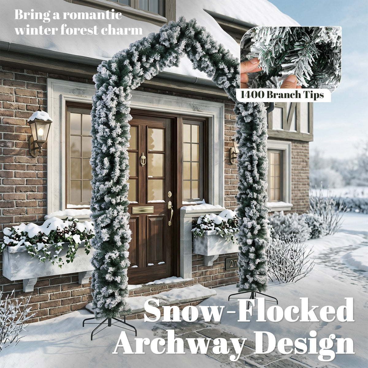 9ft Flocked Snow Christmas Tree Arch, Christmas Arch Doorway Decor with 1400 Branch Tips and Steel Stand, for Indoor Entryway Home Decor, Green