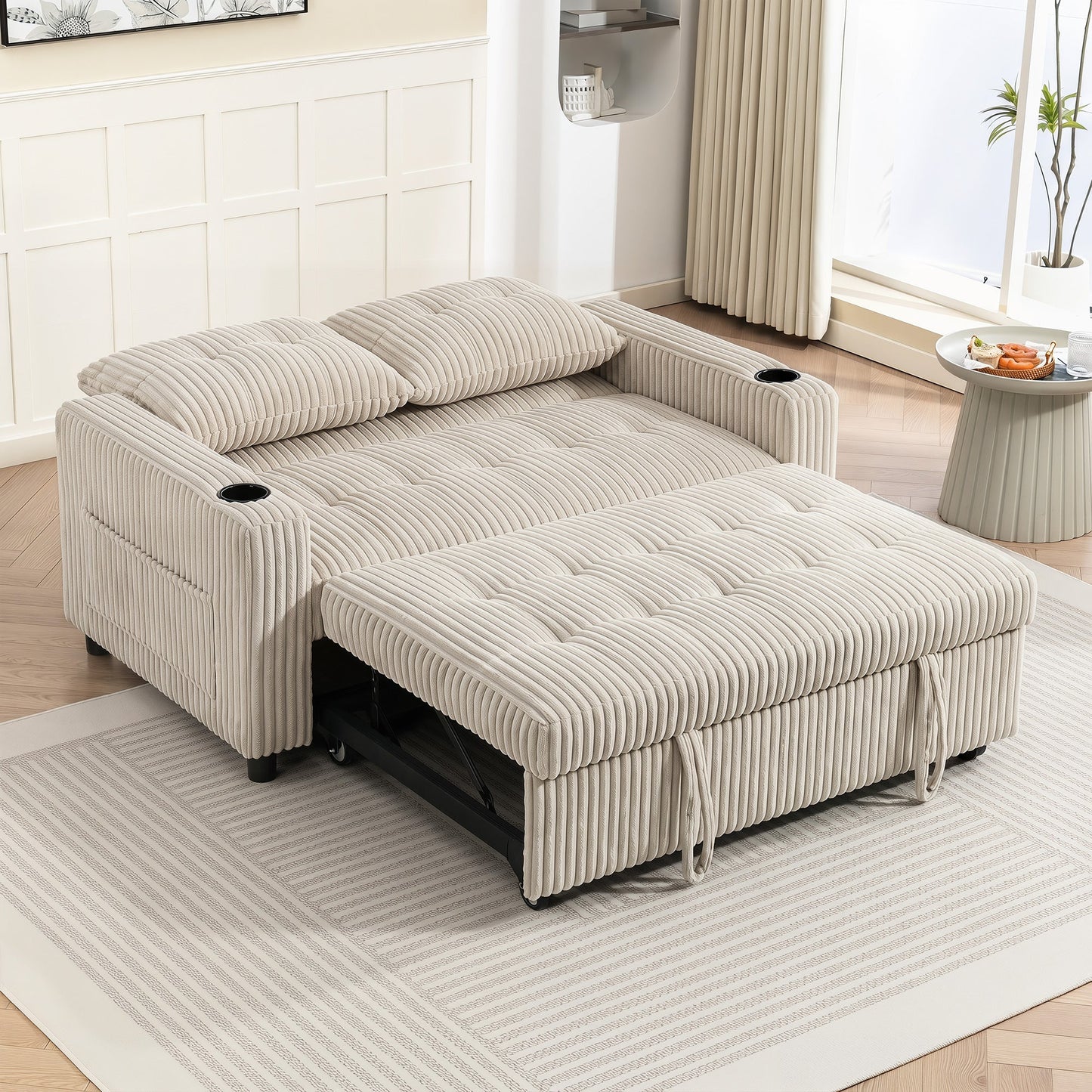 2 Seater Sofa Bed, Corduroy Click Clack Sleeper Sofa with Pull Out Design, 2 Pillows, Cup Holders, Side Pockets, Convertible Loveseat Bed Settee for Living Room, 157x190cm, Cream White