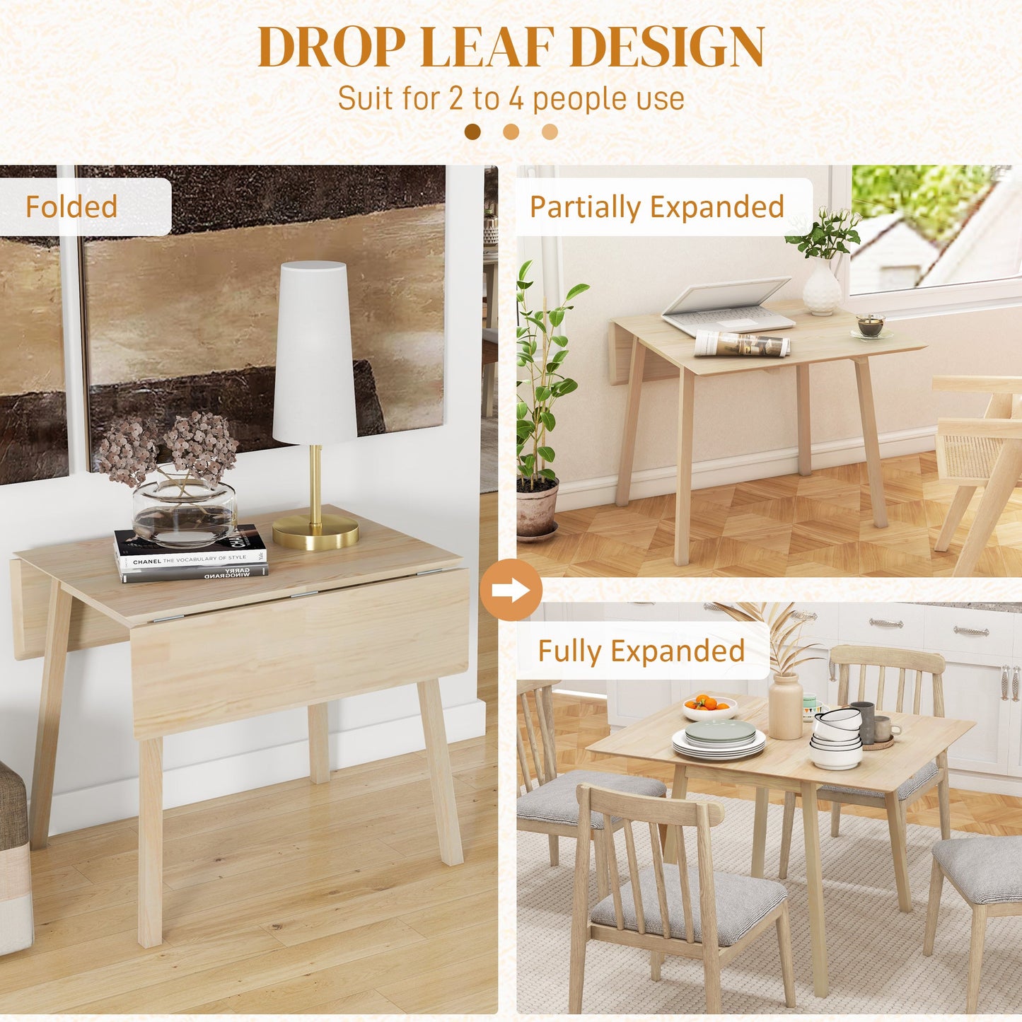 HOMCOM Folding Dining Table, Extendable Kitchen Table for Small Space, Wooden Drop Leaf Table for 2-4 People, Natural Wood Finish