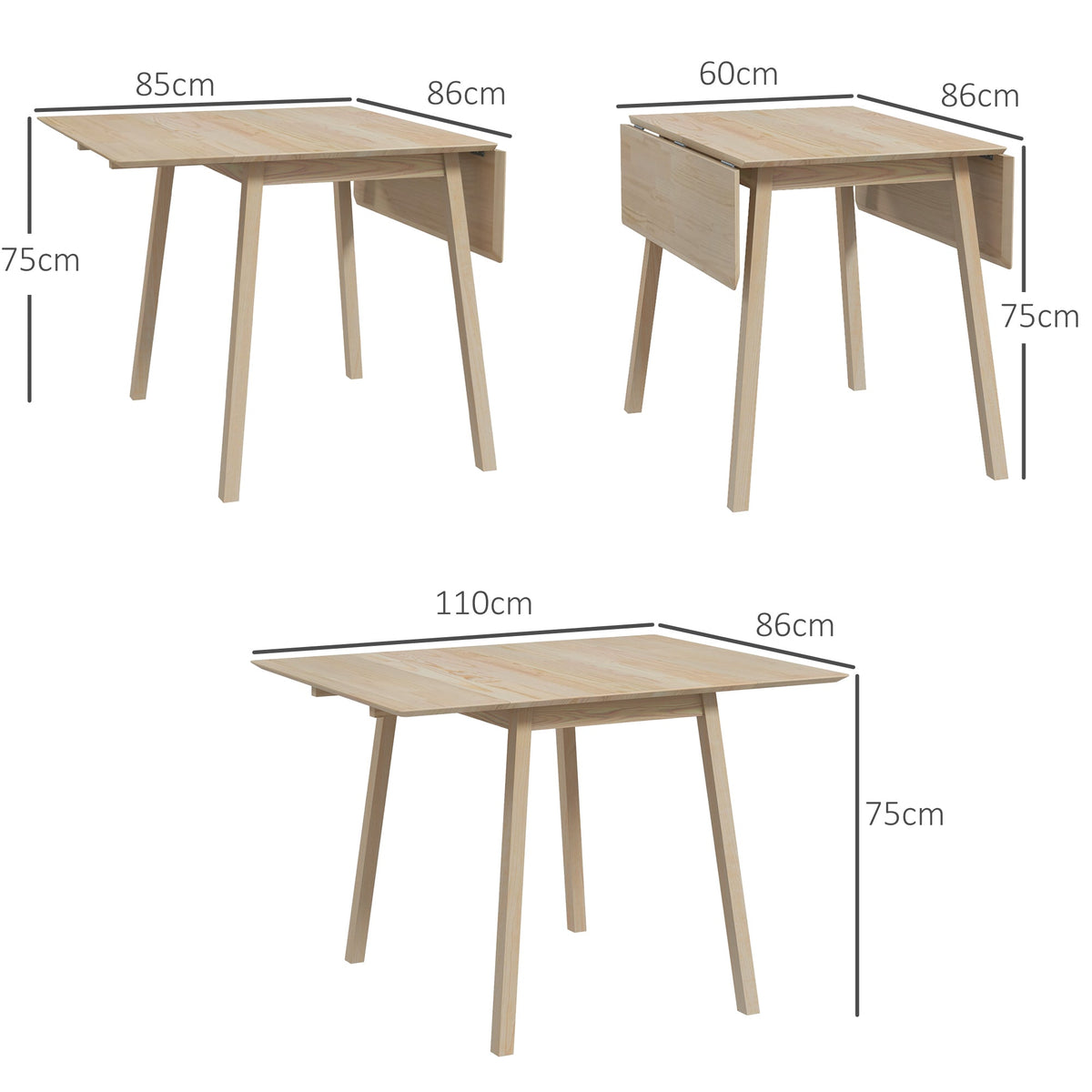 HOMCOM Folding Dining Table, Extendable Kitchen Table for Small Space, Wooden Drop Leaf Table for 2-4 People, Natural Wood Finish