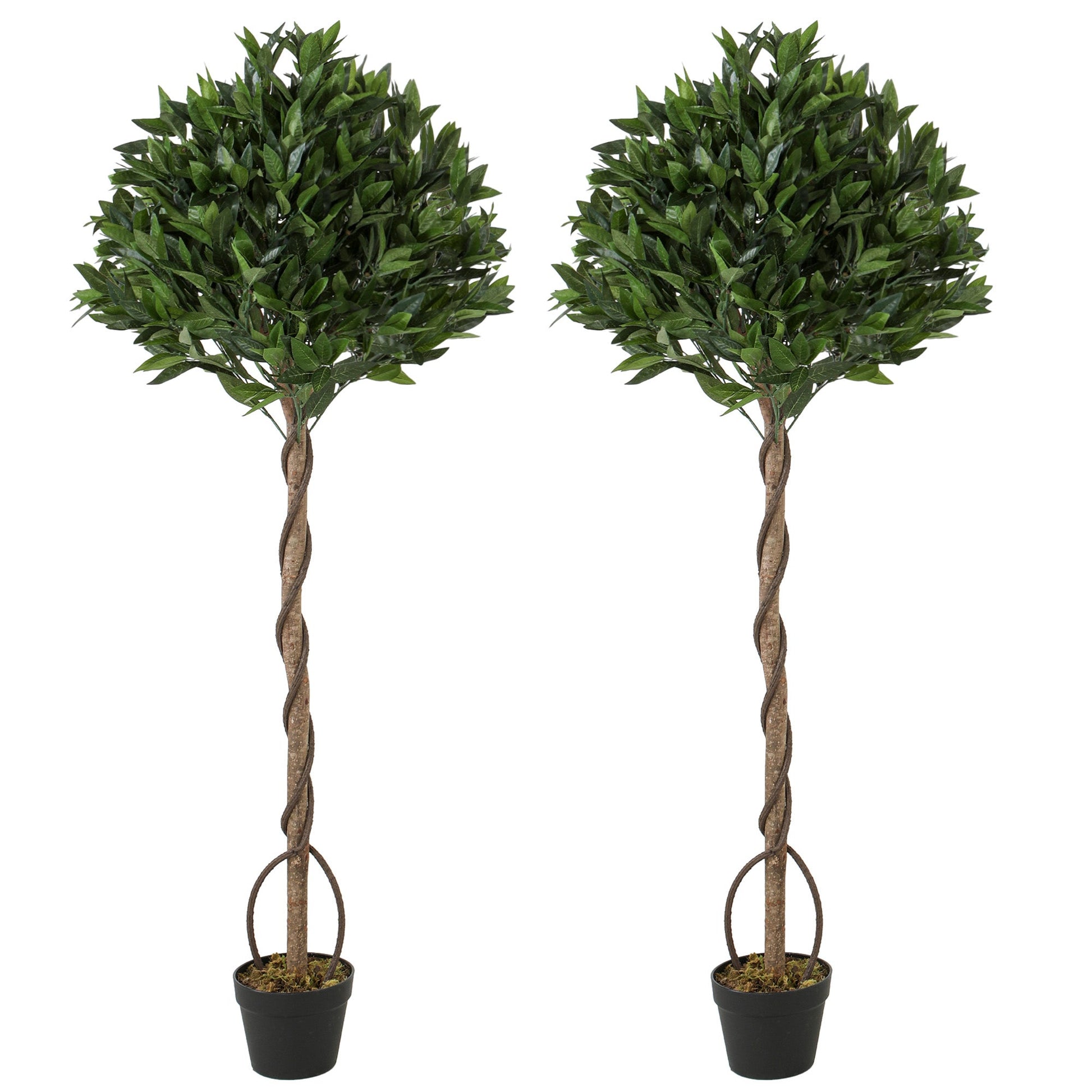 Artificial Bay Laurel Topiary Trees with Twisted Trunk, Realistic Lush Topiary Ball Tree with Weighted Pot, 150cm Indoor Greenery Plant for Home Office Decor, Set of 2, Green