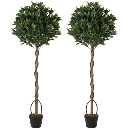 Artificial Bay Laurel Topiary Trees with Twisted Trunk, Realistic Lush Topiary Ball Tree with Weighted Pot, 150cm Indoor Greenery Plant for Home Office Decor, Set of 2, Green