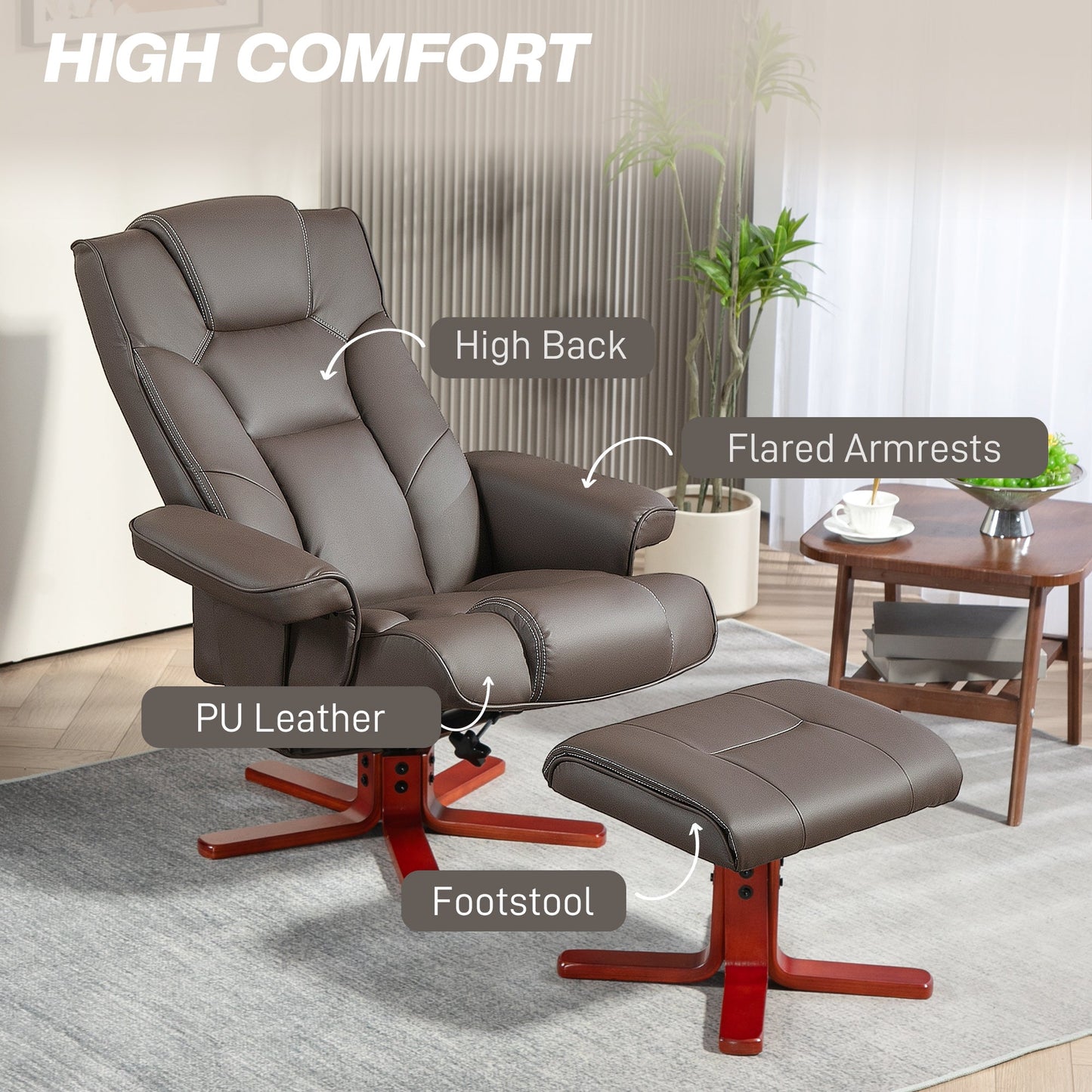 HOMCOM Recliner Chair with Footstool, PU Leather Upholstered Armchair with Adjustable Backrest, Leisure Lounge Chair for Living Room, Bedroom, Brown