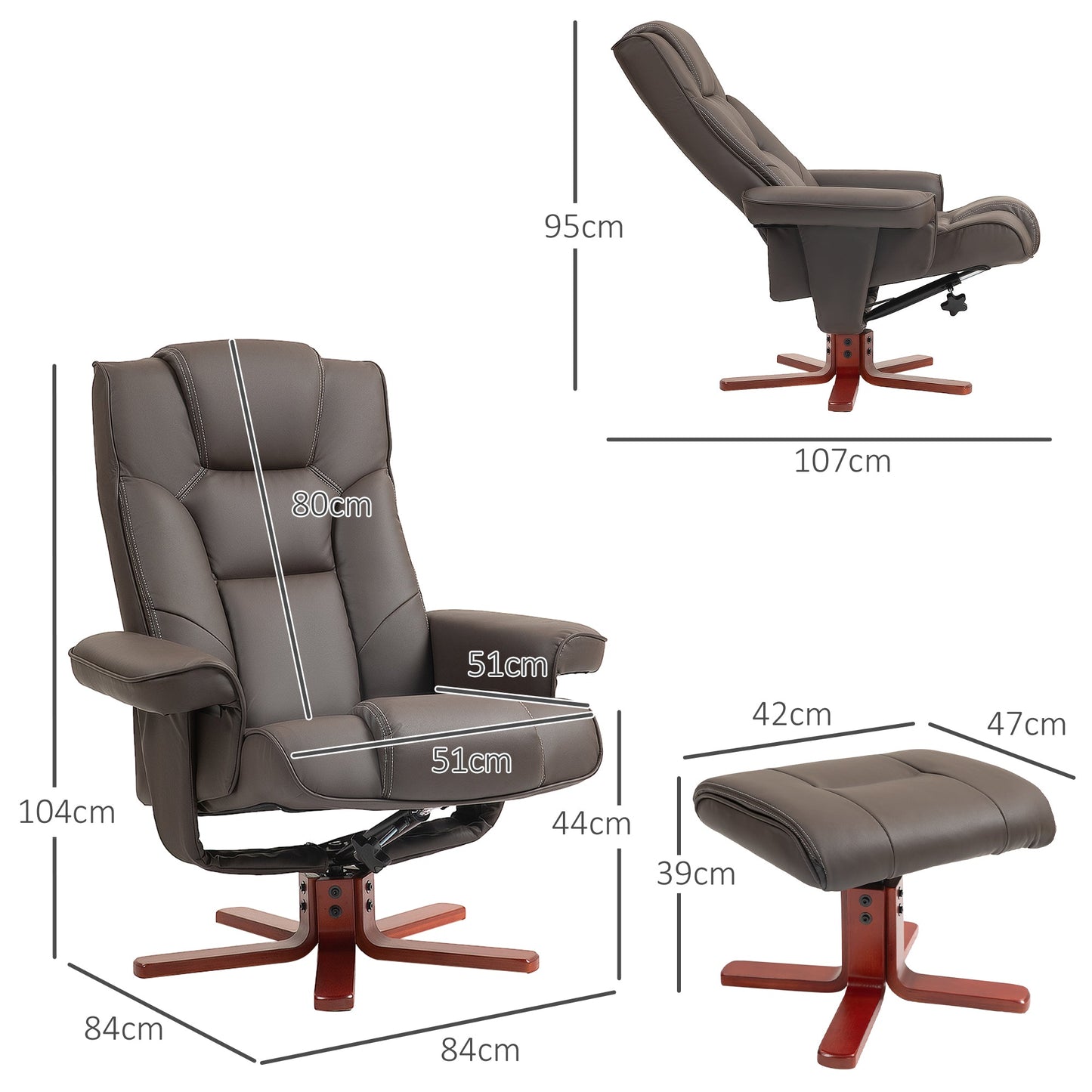 HOMCOM Recliner Chair with Footstool, PU Leather Upholstered Armchair with Adjustable Backrest, Leisure Lounge Chair for Living Room, Bedroom, Brown