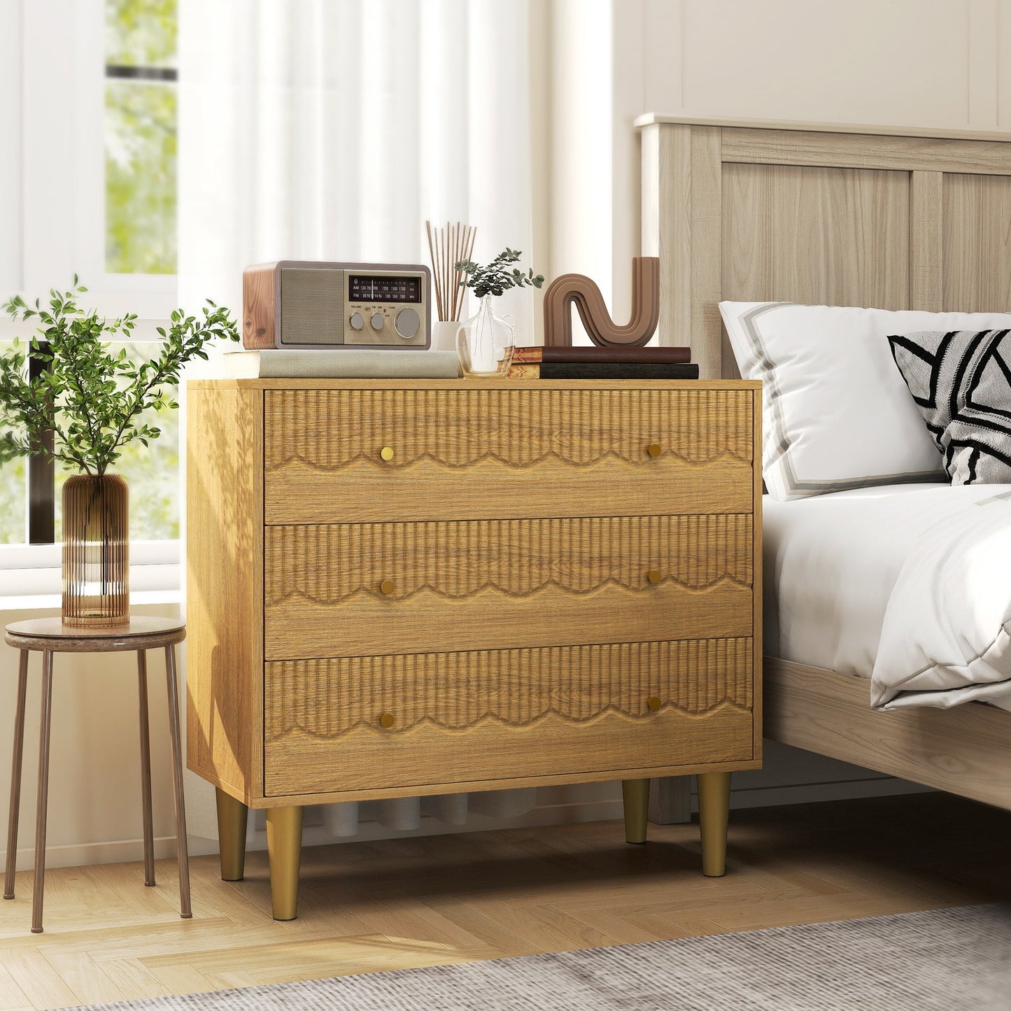 Chest of Drawers, 3 Drawer Dresser, Storage Cabinet with Steel Legs and Wooden Top for Bedroom, Living Room, Oak