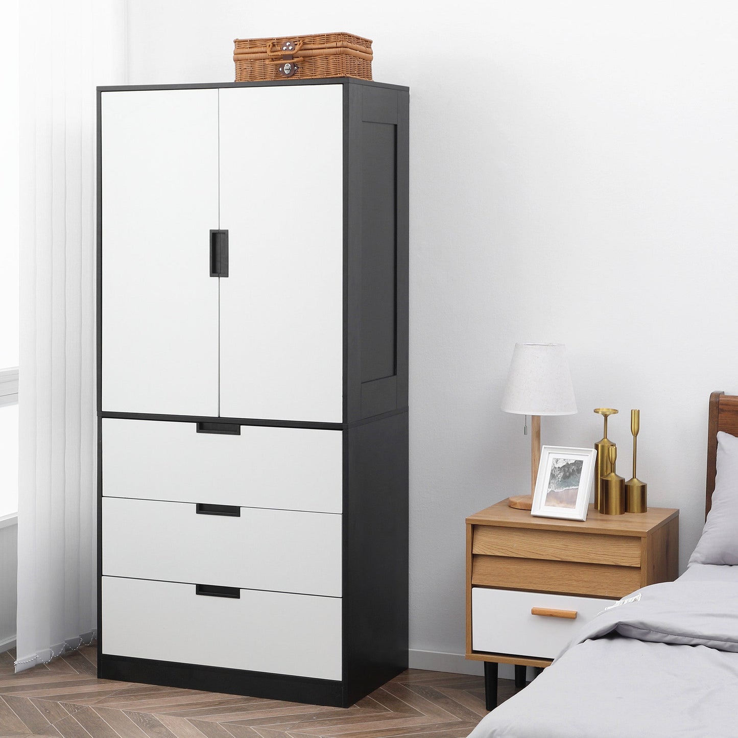 HOMCOM 3 Drawer 2 Door Wardrobe, Modern Clothes Storage Cupboard Unit with Hanging Rod, Bedroom Wardrobe with Soft Closing Hinge, 50D x 80W x 180Hcm, Black