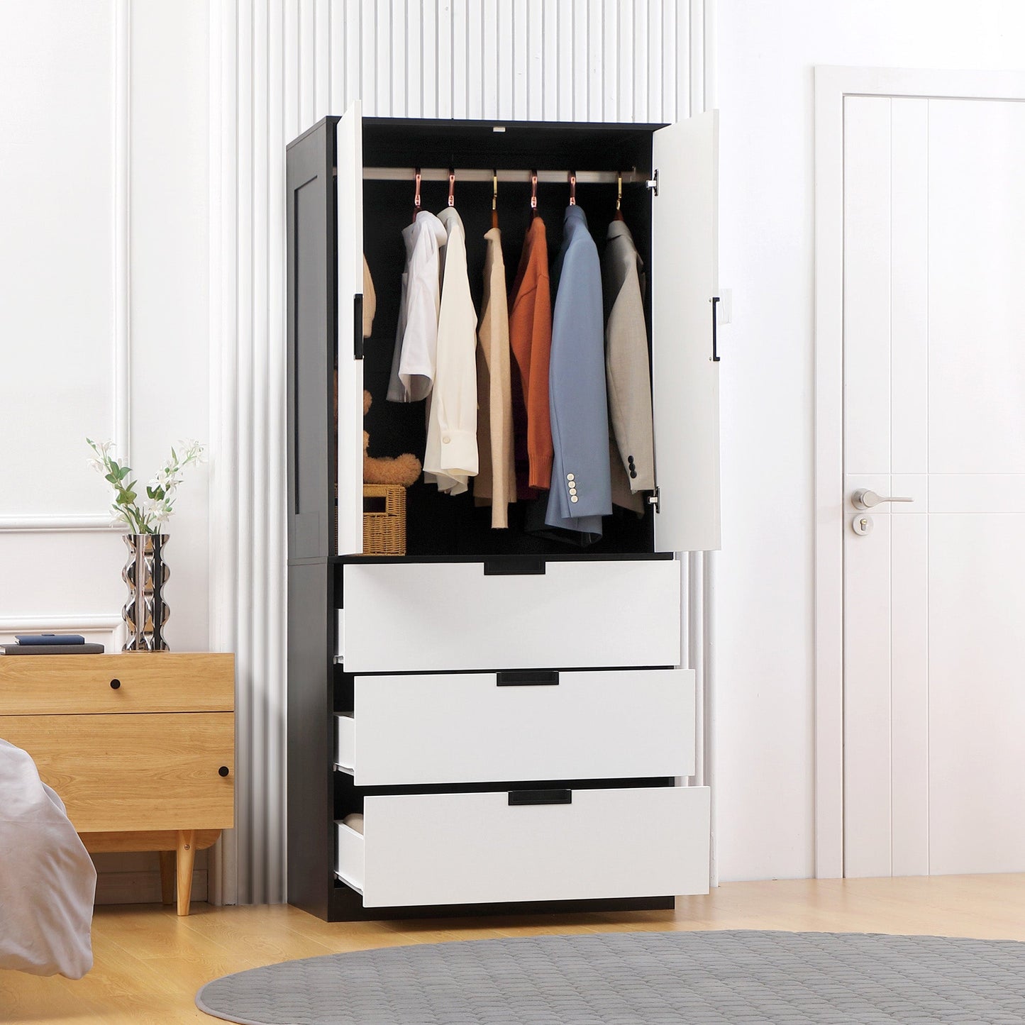 HOMCOM 3 Drawer 2 Door Wardrobe, Modern Clothes Storage Cupboard Unit with Hanging Rod, Bedroom Wardrobe with Soft Closing Hinge, 50D x 80W x 180Hcm, Black