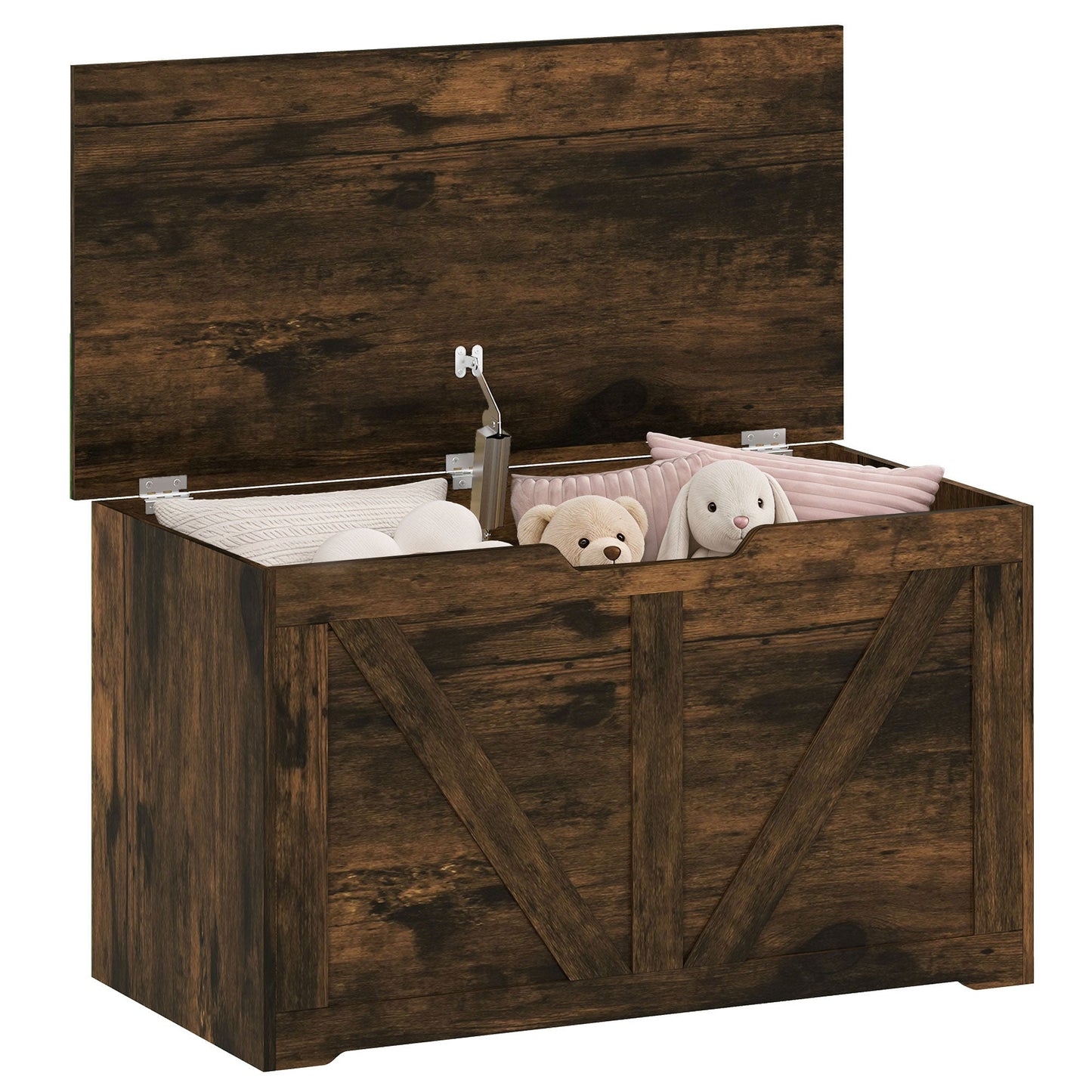 100L Storage Chest, Shoe Storage Trunk Bench Box with Safety Hinge and U-shaped Cut-out Pull, Blanket Box Ottoman for Bedroom, Living Room, Entryway, 80 x 40 x 45 cm, Rustic Brown Wood-Effect