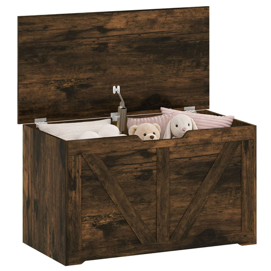 100L Storage Chest, Shoe Storage Trunk Bench Box with Safety Hinge and U-shaped Cut-out Pull, Blanket Box Ottoman for Bedroom, Living Room, Entryway, 80 x 40 x 45 cm, Rustic Brown Wood-Effect