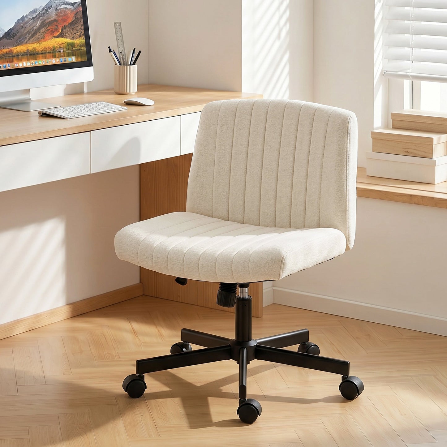 Armless Office Chair with Wheels, Imitation Linen Criss Cross Legged Desk Chair with Wide Seat, Thick Padding, Rock Function, Height Adjustable Swivel Computer Seat for Home, Cream
