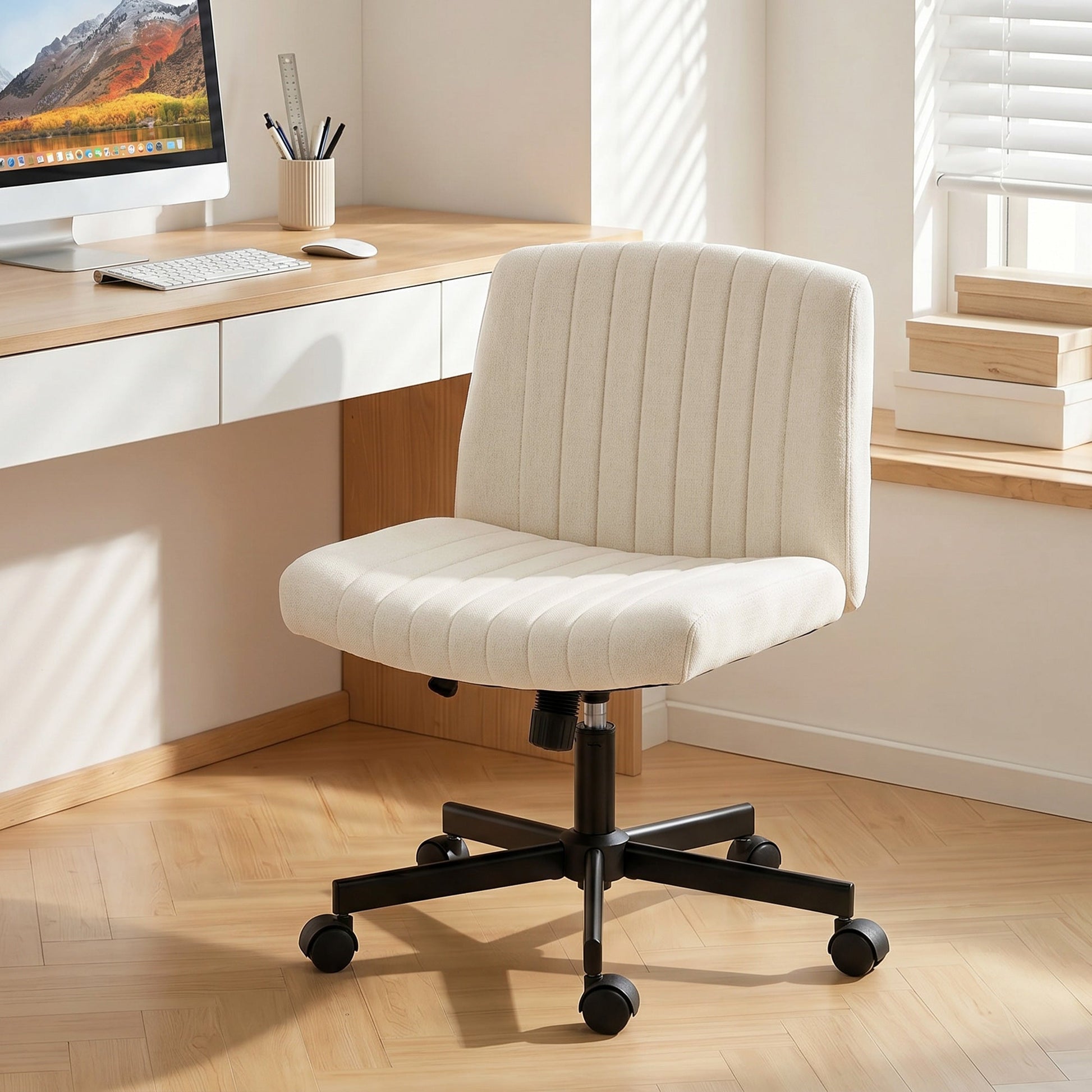 Armless Office Chair with Wheels, Imitation Linen Criss Cross Legged Desk Chair with Wide Seat, Thick Padding, Rock Function, Height Adjustable Swivel Computer Seat for Home, Cream