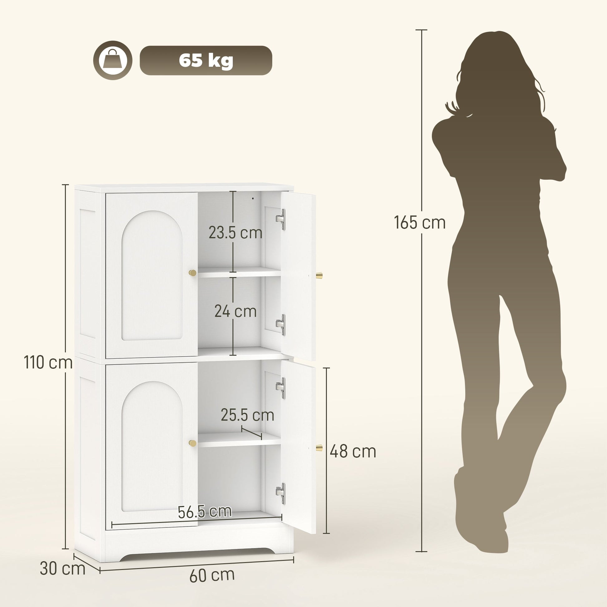 110cm Kitchen Cupboard, Freestanding Kitchen Storage Cabinet with 4 Arched Doors and 2 Adjustable Shelves, Modern Pantry Cupboard for Dining Room, White