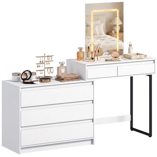 Dressing Table with Mirror and LED Lights, Vanity Table with 5 Drawers, 3 Colour Lighting for Bedroom, Modern Dresser Makeup Desk for Women and Girls, White