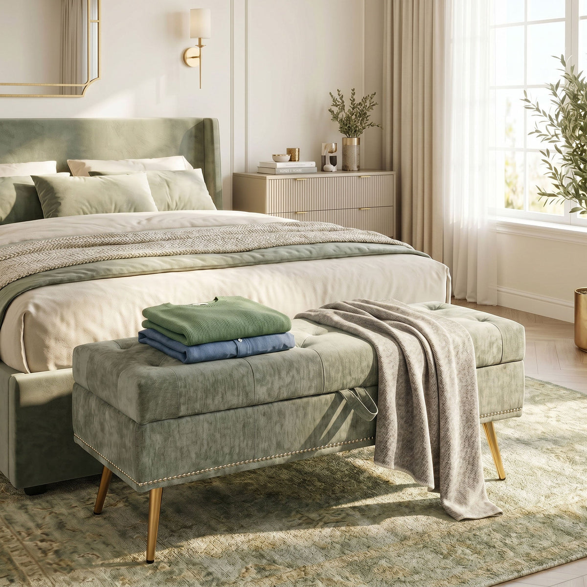 Storage Ottoman, Chenille Upholstered Ottoman Storage Box with Padded Seat, End of Bed Bench with Metal Legs for Bedroom, Hallway, Living Room, 114 x 41 x 45 cm, Light Green
