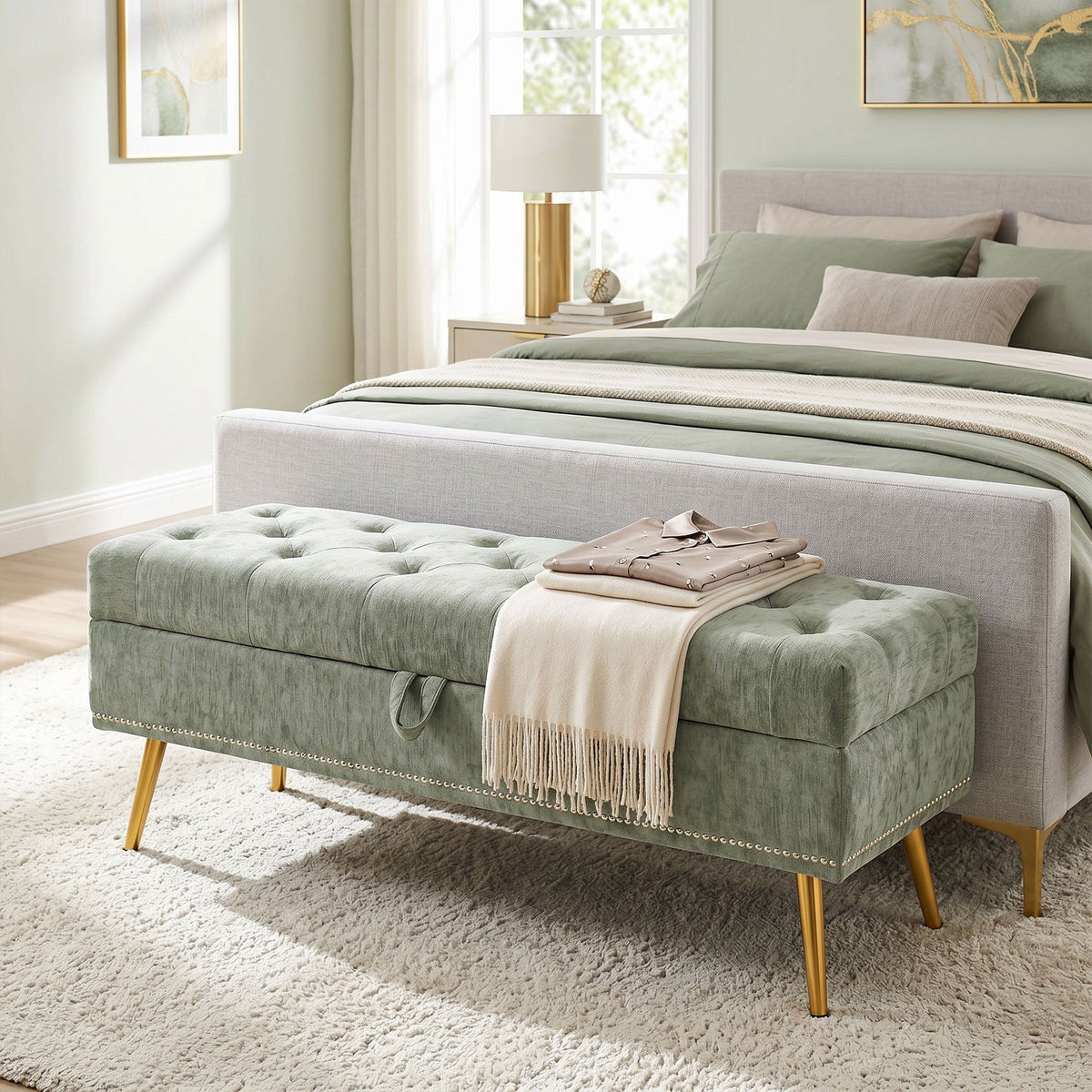 Storage Ottoman, Chenille Upholstered Ottoman Storage Box with Padded Seat, End of Bed Bench with Metal Legs for Bedroom, Hallway, Living Room, 114 x 41 x 45 cm, Light Green
