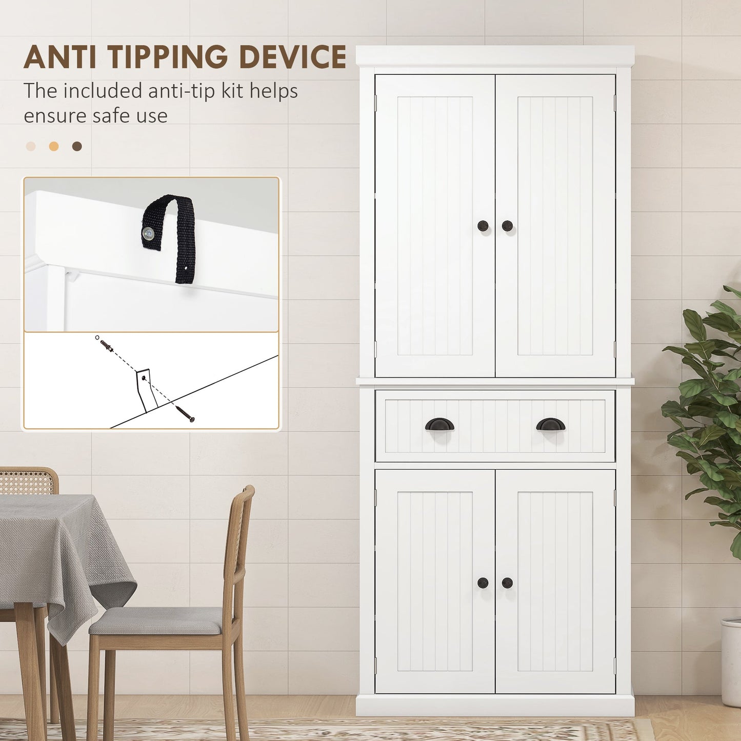 183 cm Tall Kitchen Cabinet, Freestanding Storage Cabinet with 4 Doors, Drawer and Adjustable Shelves, Kitchen Cupboard for Dining Room, White
