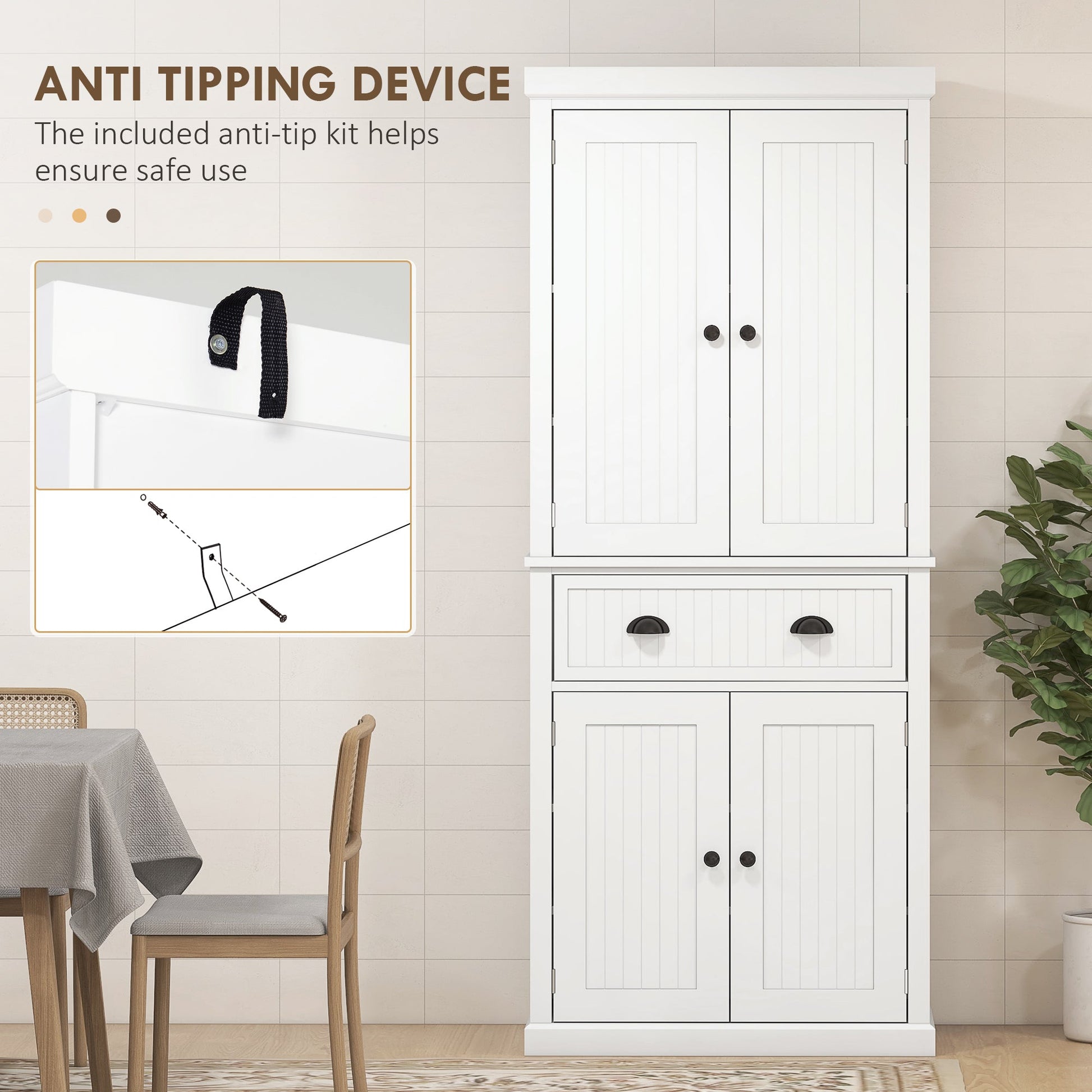 183 cm Tall Kitchen Cabinet, Freestanding Storage Cabinet with 4 Doors, Drawer and Adjustable Shelves, Kitchen Cupboard for Dining Room, White
