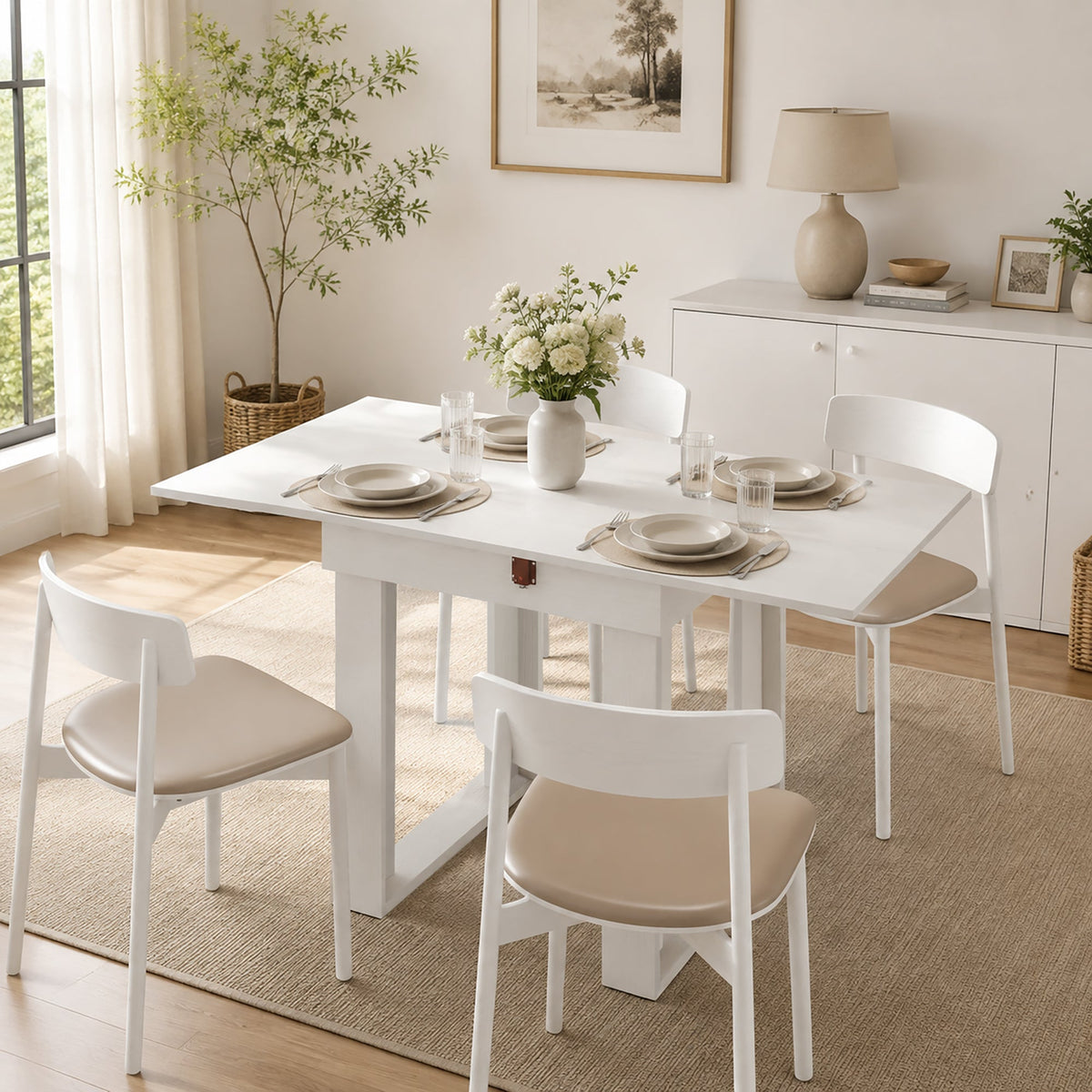 Folding Dining Table for 4 with Under-Table Storage, 70-140 cm Modern Extendable Kitchen Table with Steel Rail, Space-Saving for Kitchen, Dining Room, White