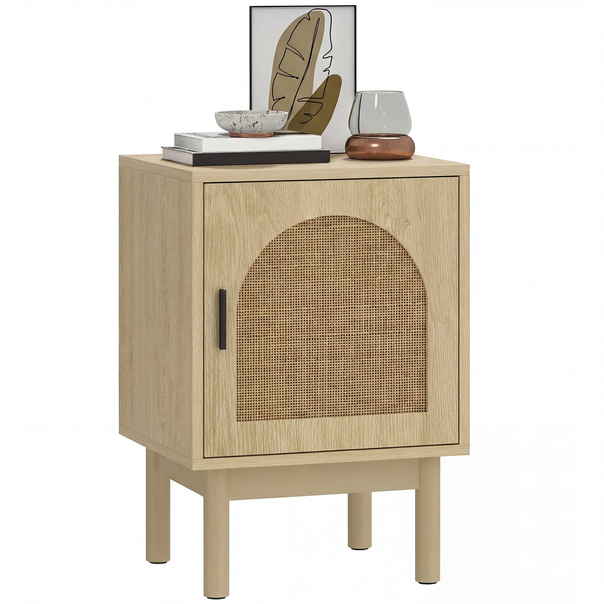 Rattan Bedside Table, Boho Bedside Cabinet with Adjustable Shelf and Solid Wood Legs, Side Table for Living Room, Bedroom, Natural Wood