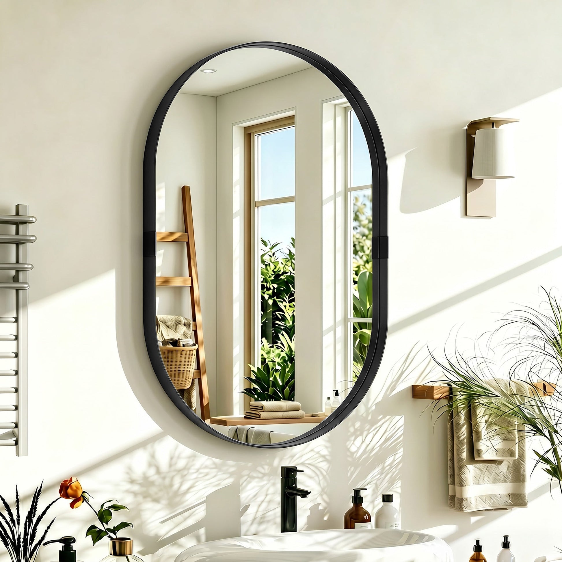Wall Mirror with Elevated Aluminium Alloy Frame, 60 x 90 cm Bathroom Mirror with Tempered Glass for Living Room, Bedroom, Hallway, Black